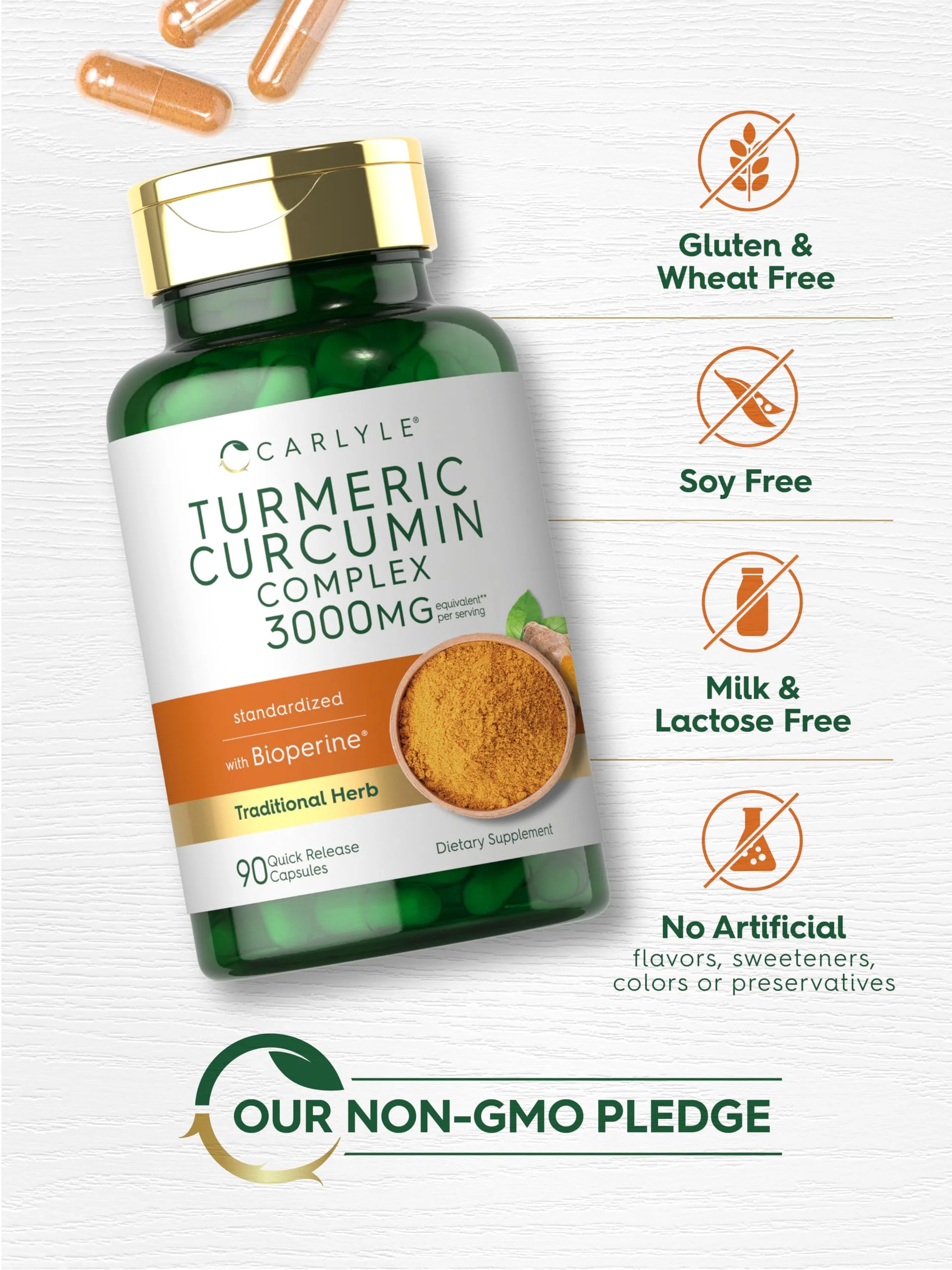 Carlyle Turmeric Curcumin with Black Pepper | 90 Powder Capsules | Complex Supplement with Bioperine | Non-GMO, Gluten Free - Image 4