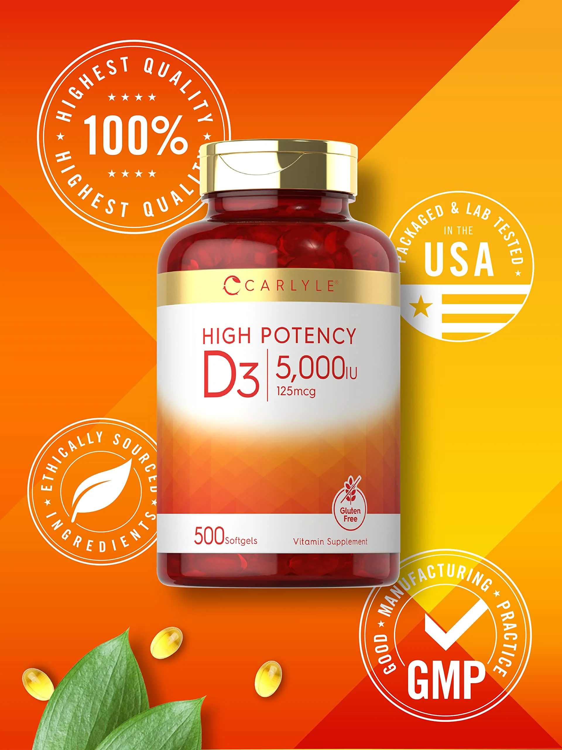 Carlyle Vitamin D3 5000 IU Softgels | 500 Count | Value Size | Non-GMO and Gluten Free Supplement | High Potency Formula | 125mcg - Image 4