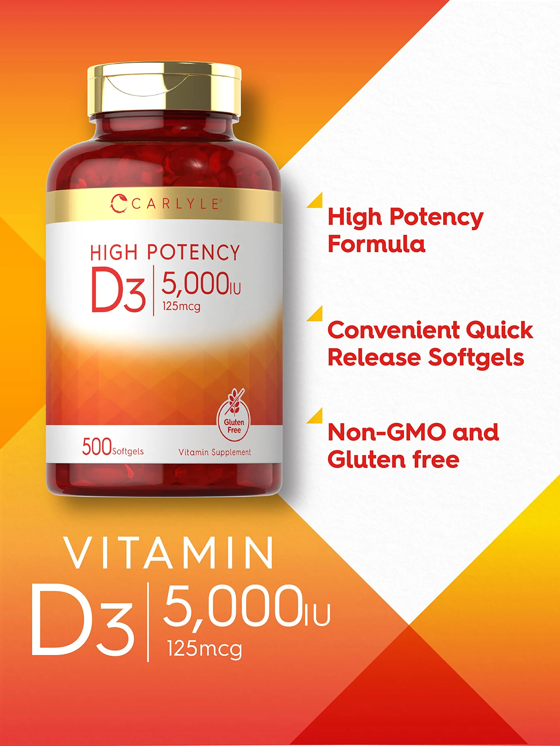 Carlyle Vitamin D3 5000 IU Softgels | 500 Count | Value Size | Non-GMO and Gluten Free Supplement | High Potency Formula | 125mcg - Image 6
