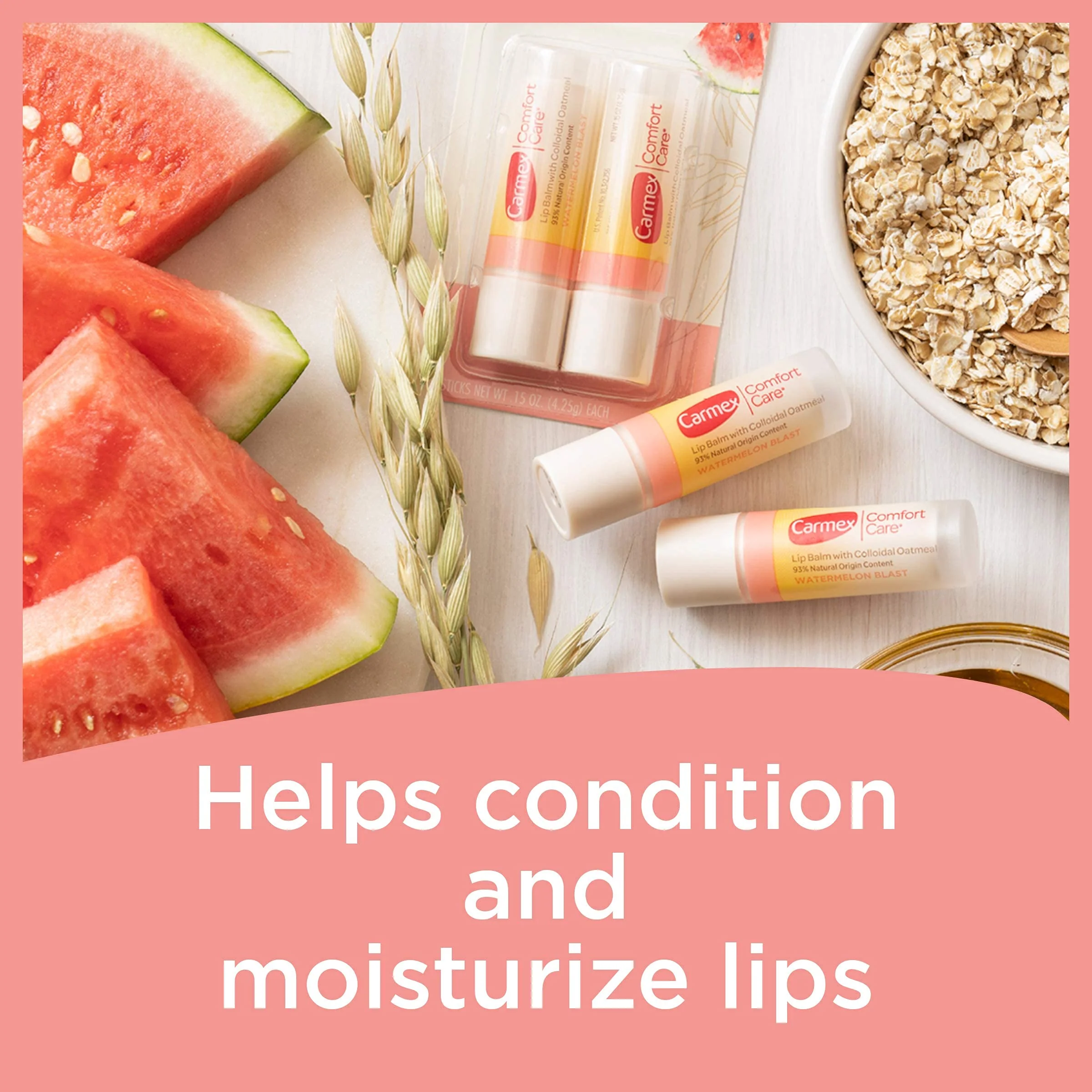 Carmex Comfort Care Lip Balm Sticks with Colloidal Oatmeal, Watermelon Blast Flavor, 4 Count (2 Packs of 2) - Image 8