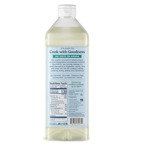 Carrington Farms Organic Liquid Coconut Cooking Oil, 32 Fl Oz –Unflavored, Unscented, High Smoke Point, MCT-Rich, No Trans Fat – For Cooking, Sautéing, Frying & Baking – Gluten Free, Non-GMO, Hexane Free, BPA Free Bottle - Image 6