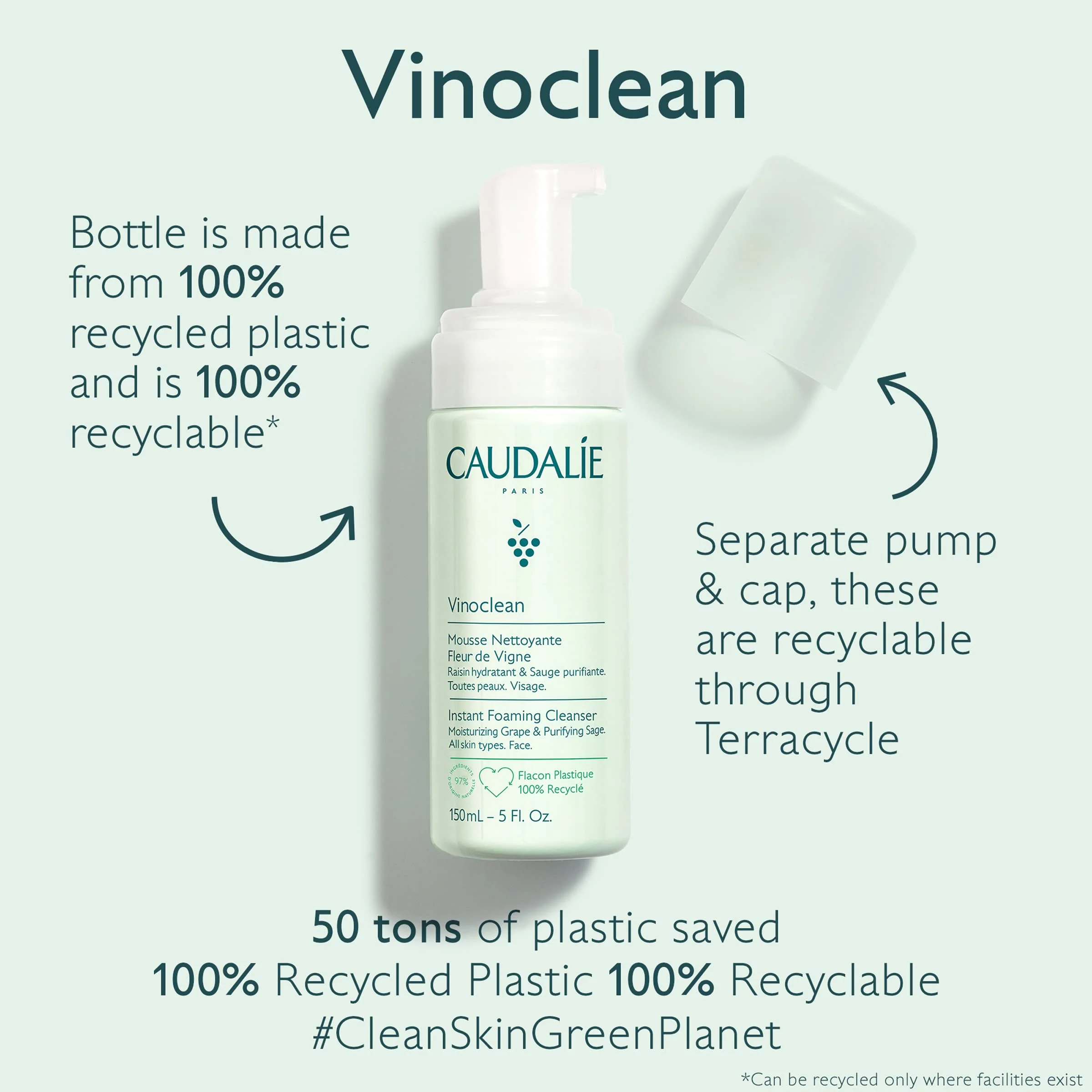 Caudalie Vinoclean Gentle Instant Foaming Facial Cleanser for All Skin Types - 150 mL - Image 5