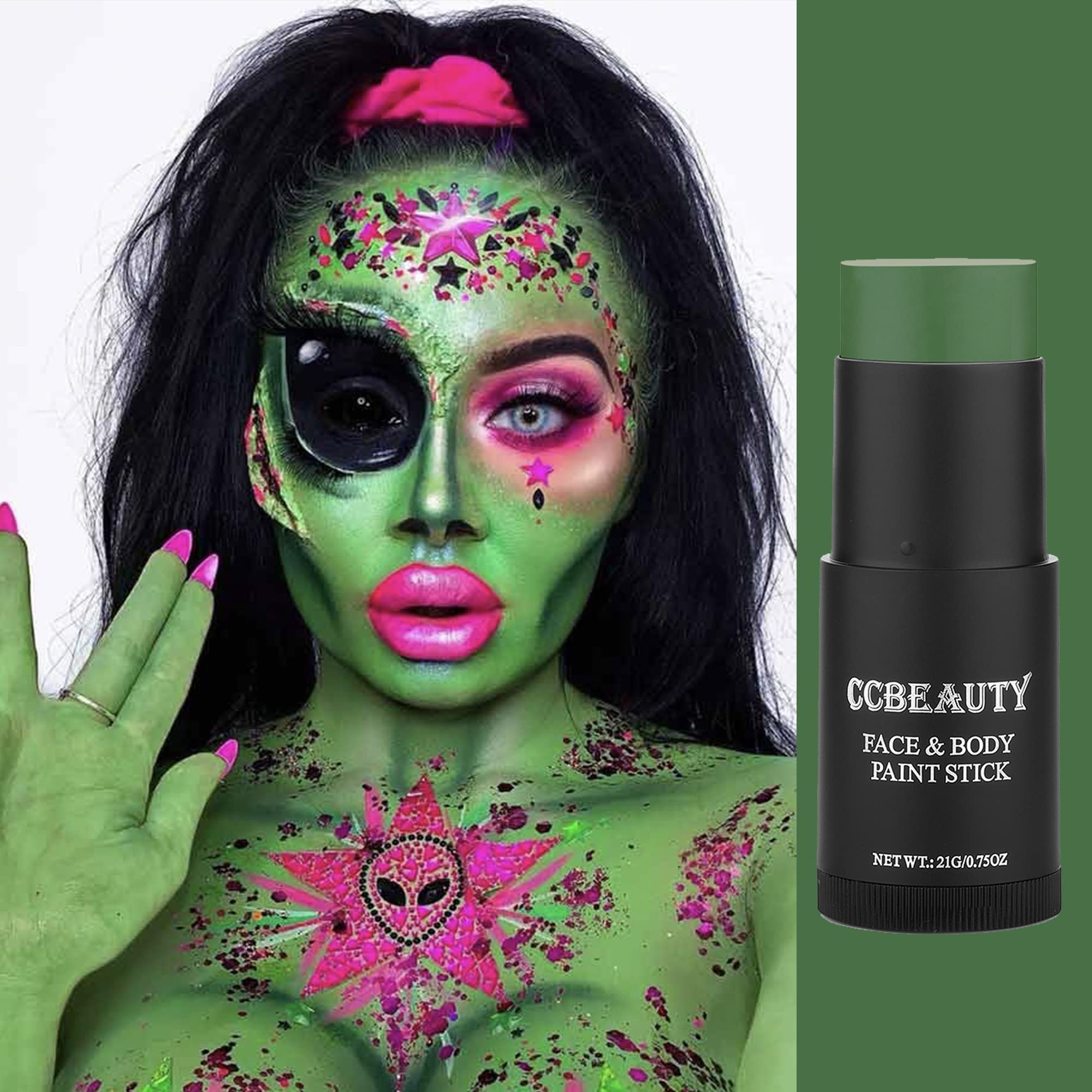 CCbeauty Witch Green Face Paint Stick, Face Painting Kit, Dark Green Cream SFX Makeup Foundation, Professional Body Paint for St. Patrick's Day, Halloween Costume Party, Grinch Hulk Monster Makeup - Image 6