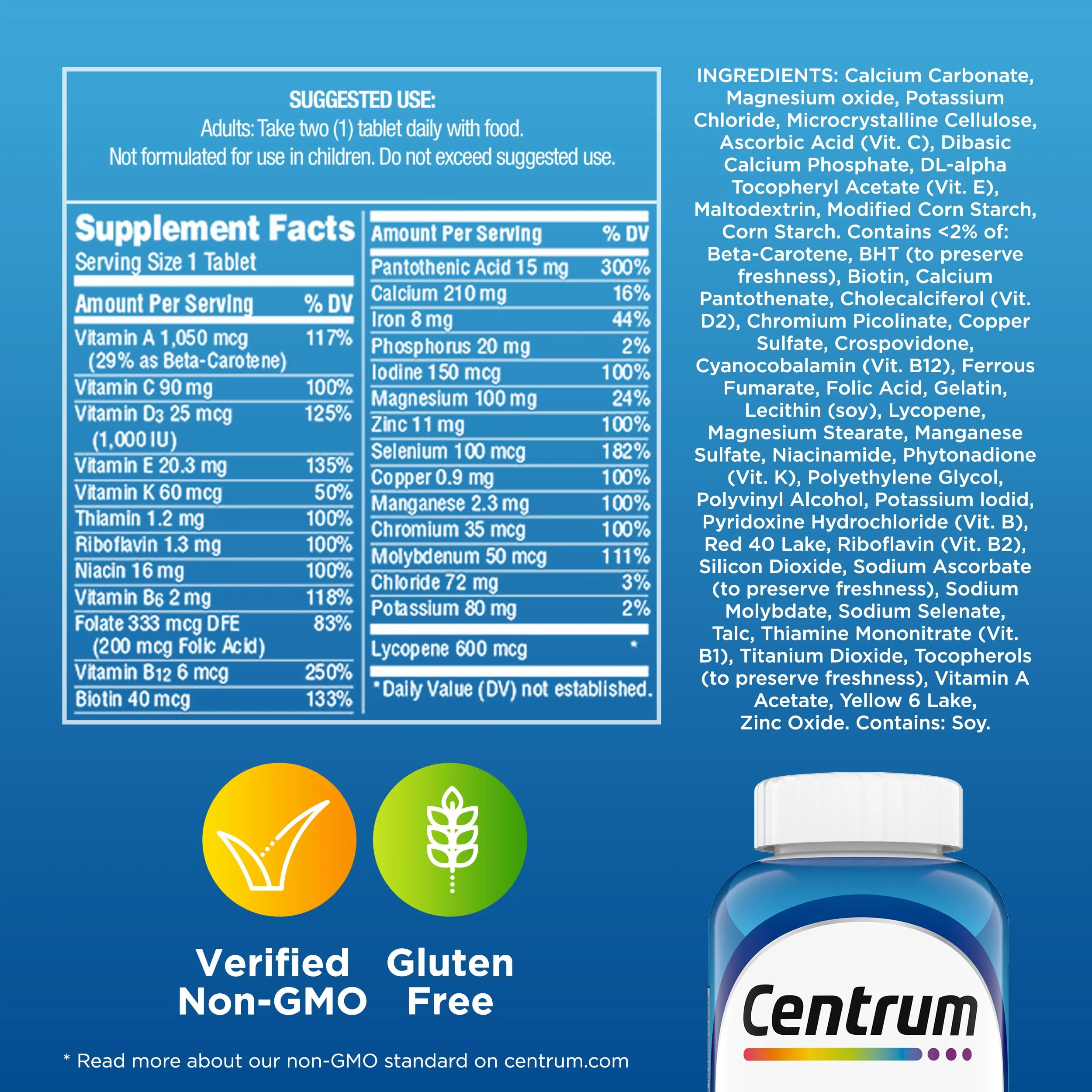 Centrum Multivitamin for Men, Multivitamin/Multimineral Supplement with Vitamin D3, B Vitamins and Antioxidants, Gluten Free, Non-GMO Ingredients - 250 Count - Image 10