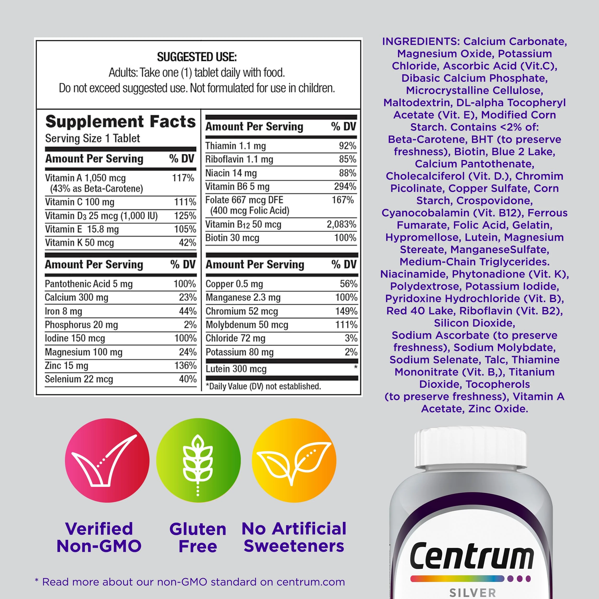 Centrum Silver Women's Multivitamin for Women 50 Plus, Multivitamin/Multimineral Supplement with Vitamin D3, B Vitamins, Non-GMO Ingredients, Supports Memory and Cognition in Older Adults - 100 Ct - Image 9