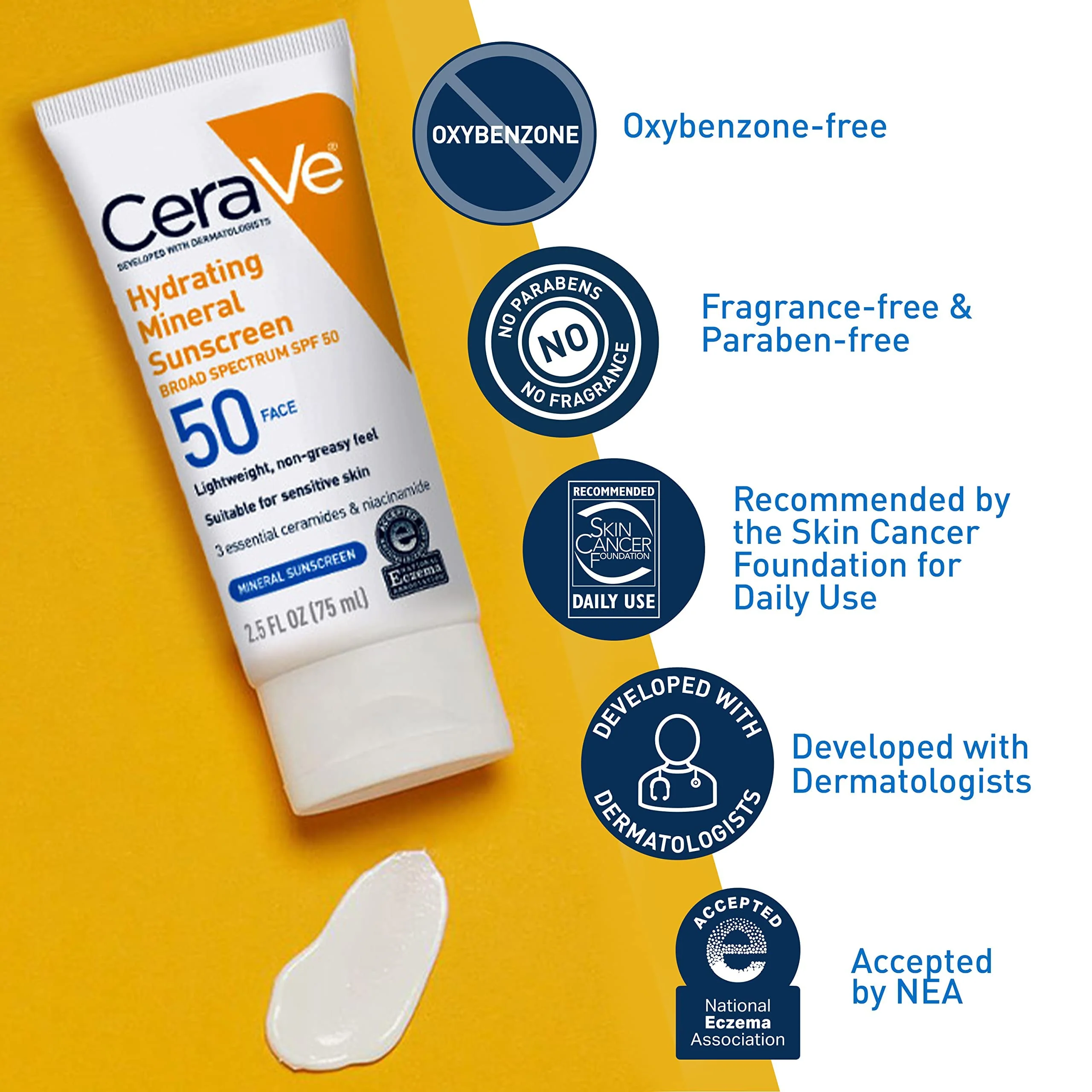 CeraVe 100% Mineral Sunscreen SPF 50, Face sunscreen With Zinc Oxide & Titanium Dioxide, Hyaluronic Acid + Niacinamide + Ceramides, Oil Free, Travel Size 2.5 oz - Image 14