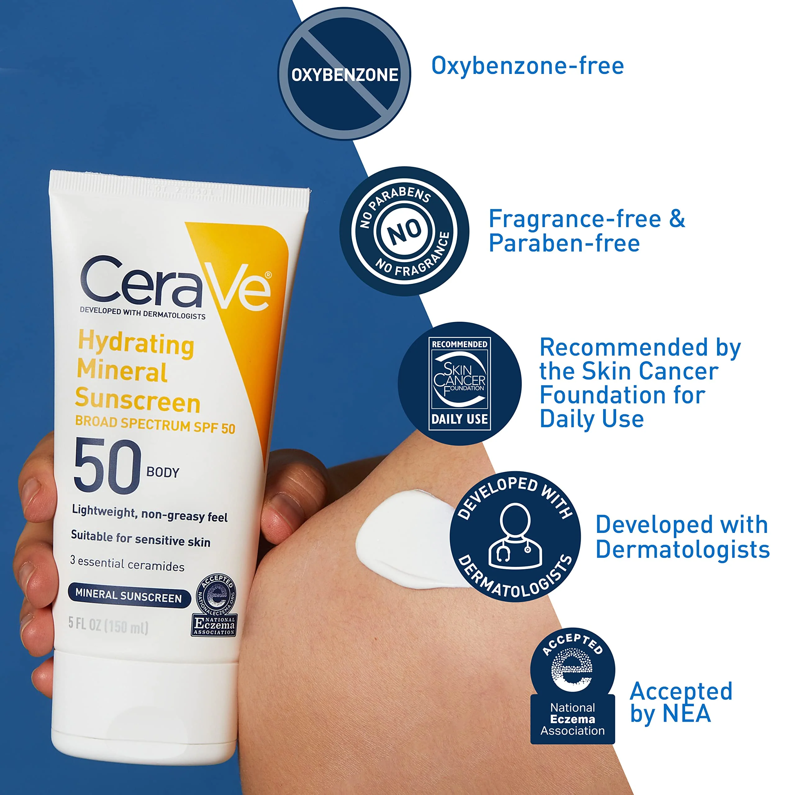 CeraVe 100% Mineral Sunscreen SPF 50 with Zinc Oxide & Titanium Dioxide, Hyaluronic Acid & Ceramides, Oil Free & Non-Greasy, Hydrating Mineral Sunscreen For Body, 5 oz - Image 10