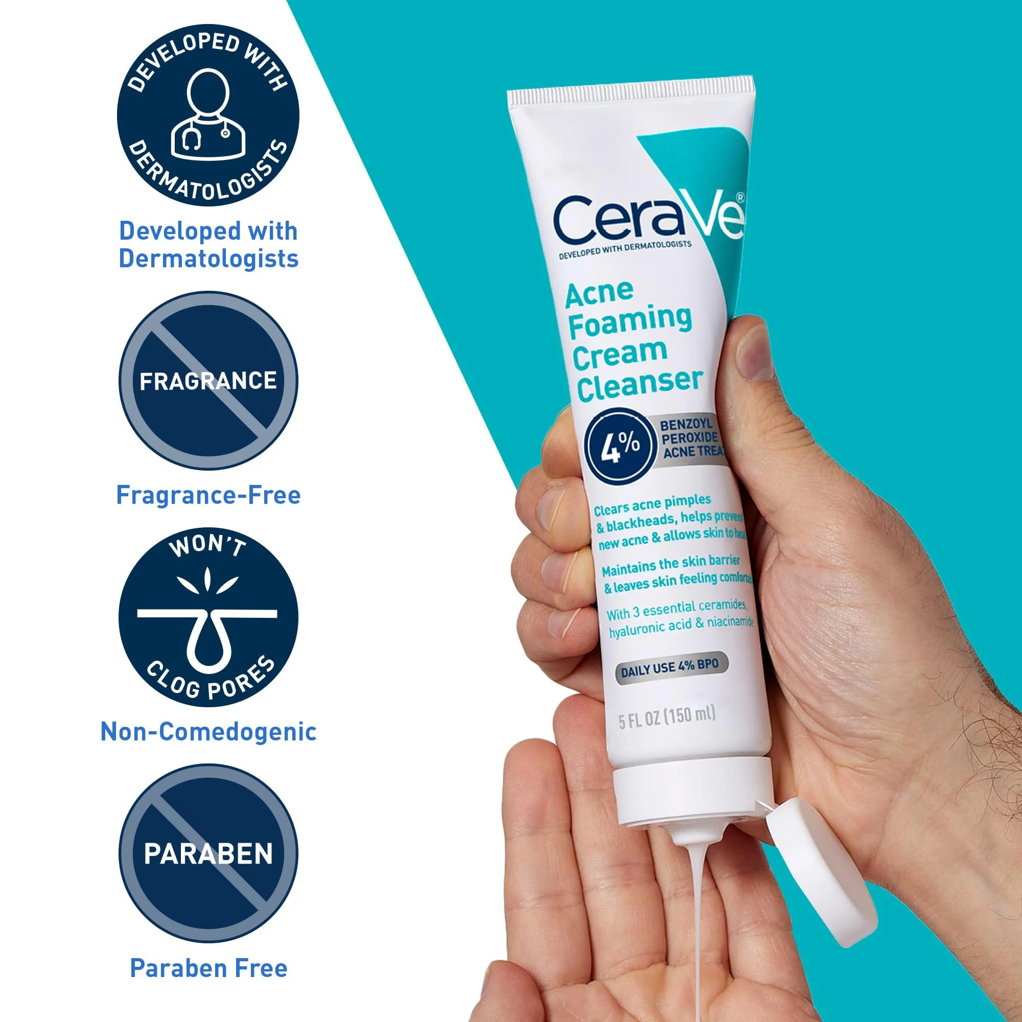 CeraVe Acne Foaming Cream Cleanser, 4% Benzoyl Peroxide Face Wash With Hyaluronic Acid, Niacinamide & Ceramides, Gentle Daily Acne Treatment For Face - Image 4