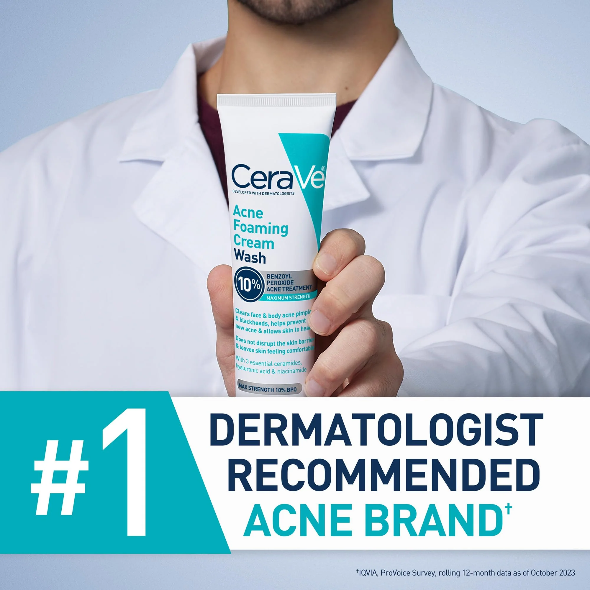 CeraVe Acne Foaming Cream Wash, Gentle Face and Body Cleanser with Benzoyl Peroxide 10%, Hyaluronic Acid, and Niacinamide, 10% Benzoyl Peroxide Treatment Clears Pimples and Blackheads 5 Oz - Image 4