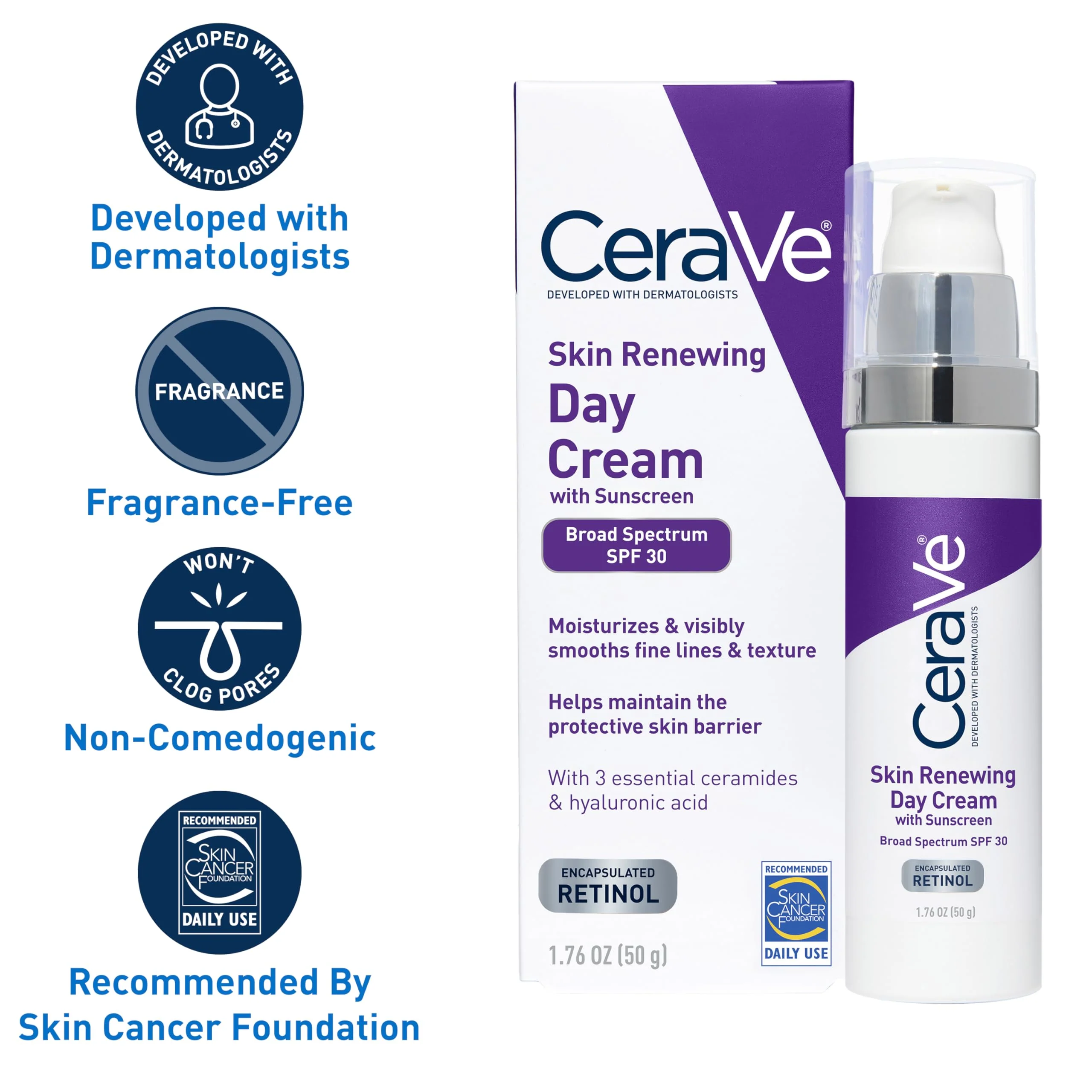 CeraVe Anti-Aging Face Cream SPF 30, Anti-Wrinkle Retinol Cream with Hyaluronic Acid and Ceramides, 1.76 oz - Image 6