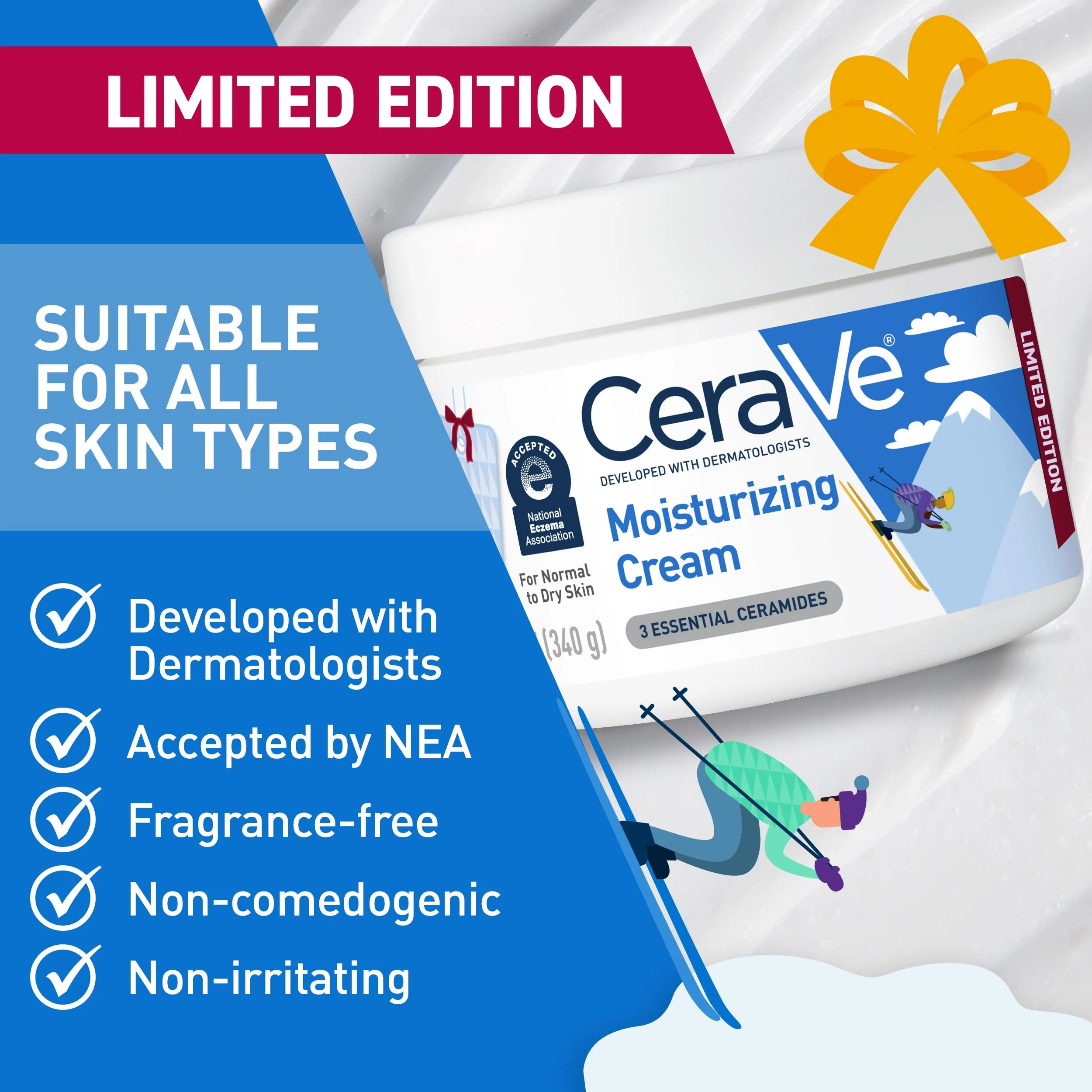 CeraVe Après Ski Moisturizing Cream, Body and Face Moisturizer for Dry Skin, Hyaluronic Acid and Ceramides, Daily Moisturizer, Oil-Free, Fragrance Free, Non-Comedogenic, Limited Edition, 12 Ounce - Image 6