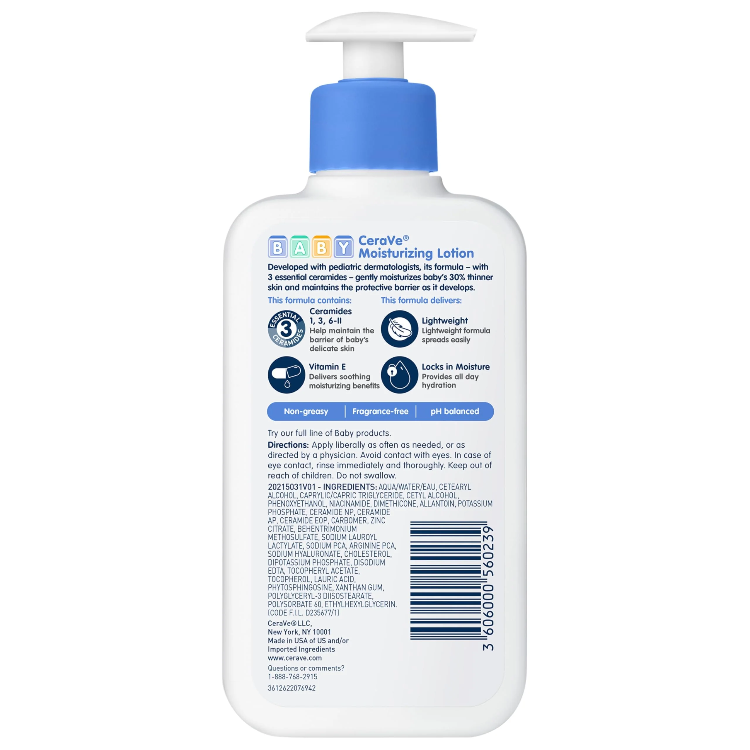 CeraVe Baby Lotion, Gentle Baby Skin Care with Ceramides, Niacinamide & Vitamin E, Fragrance, Paraben, Dye & Phthalates Free, Lightweight Moisturizer, 8 Ounce, Packaging May Vary - Image 7