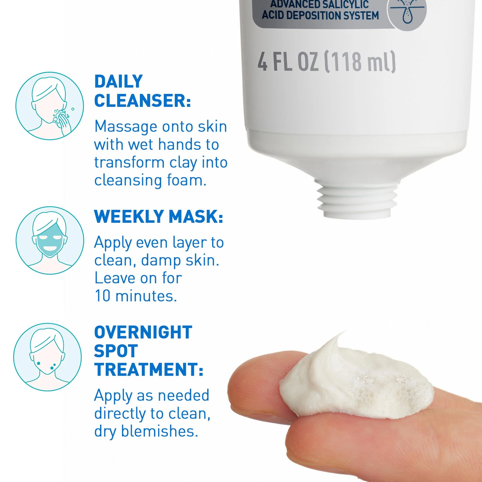 CeraVe Clay To Foam Acne Face Wash, Multi-Use Salicylic Acid & Kaolin Clay Acne Spot Treatment Clears Pimples & Blackheads, Prevents Breakouts, Hydrates & Soothes, Fragrance-Free, Non-Comedogenic, 4oz - Image 3