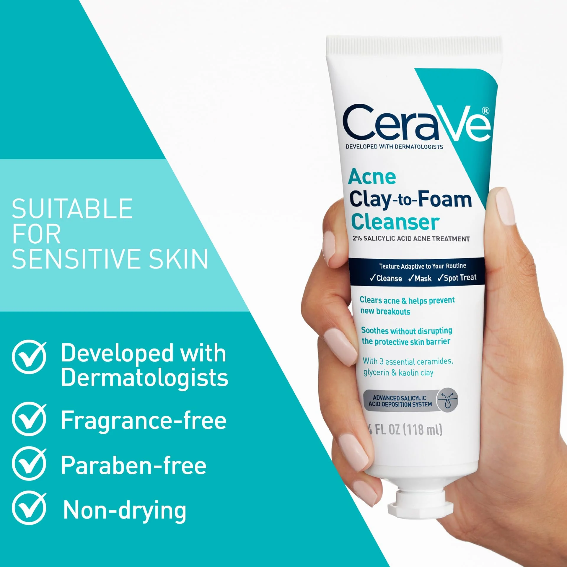 CeraVe Clay To Foam Acne Face Wash, Multi-Use Salicylic Acid & Kaolin Clay Acne Spot Treatment Clears Pimples & Blackheads, Prevents Breakouts, Hydrates & Soothes, Fragrance-Free, Non-Comedogenic, 4oz - Image 4