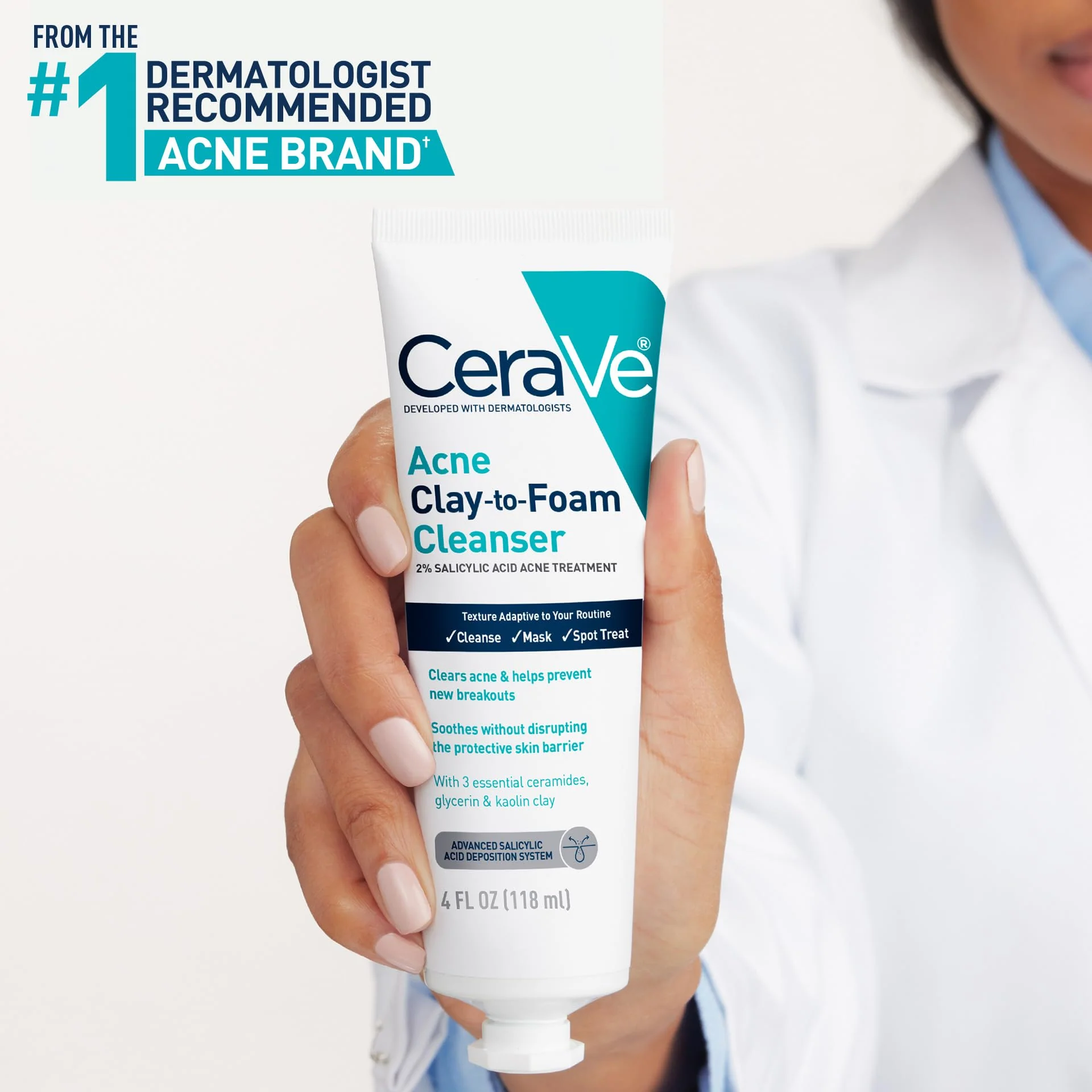CeraVe Clay To Foam Acne Face Wash, Multi-Use Salicylic Acid & Kaolin Clay Acne Spot Treatment Clears Pimples & Blackheads, Prevents Breakouts, Hydrates & Soothes, Fragrance-Free, Non-Comedogenic, 4oz - Image 5