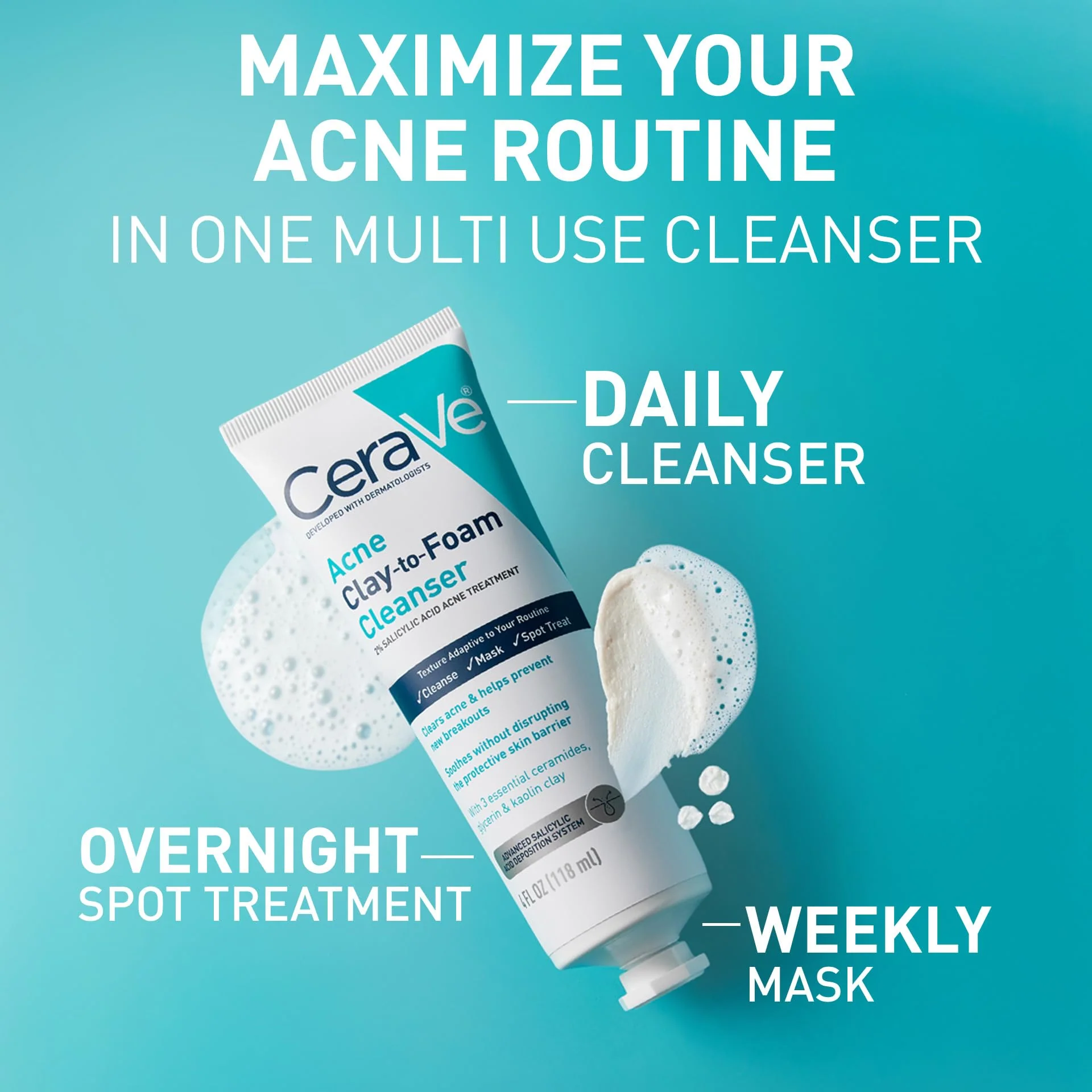 CeraVe Clay To Foam Acne Face Wash, Multi-Use Salicylic Acid & Kaolin Clay Acne Spot Treatment Clears Pimples & Blackheads, Prevents Breakouts, Hydrates & Soothes, Fragrance-Free, Non-Comedogenic, 4oz - Image 7