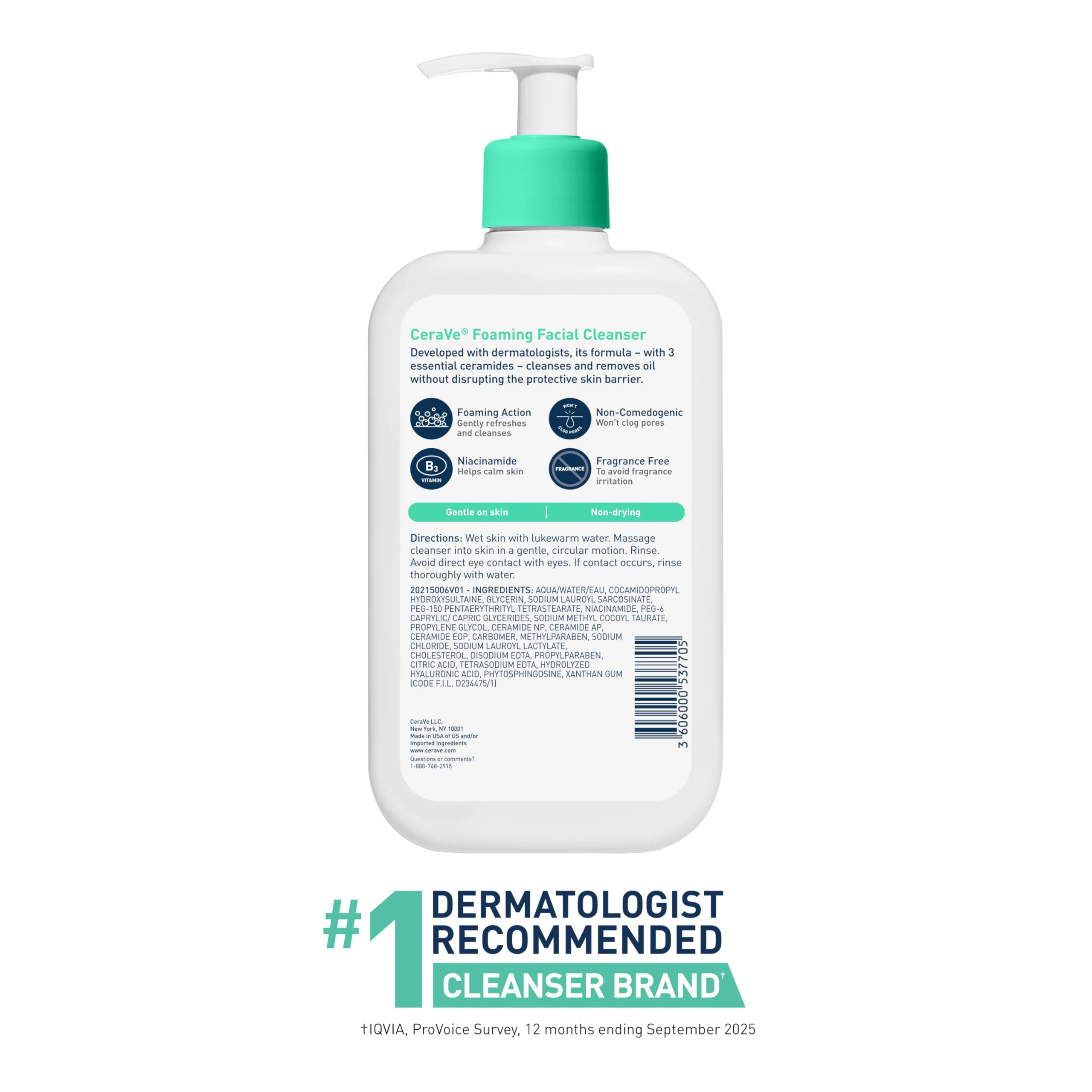 CeraVe Foaming Facial Cleanser, Daily Face Wash for Oily Skin, Hyaluronic Acid + Ceramides + Niacinamide, Fragrance Free & Paraben Free, Non-Drying Oil Control Face Wash, 16 Fluid Ounces - Image 3