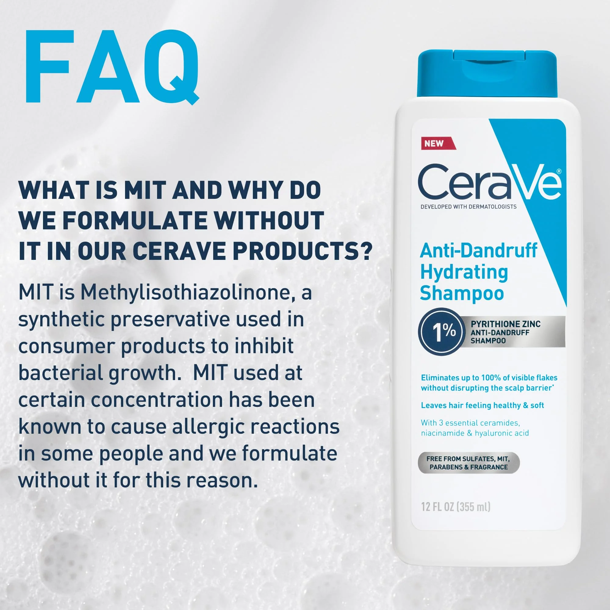 CeraVe Hydrating Anti Dandruff Shampoo, 1% Pyrithione Zinc Dandruff Treatment With Ceramides, Niacinamide, Hyaluronic Acid, Eliminate Flake,Provides Itchy Scalp Relief, Sulfate-Free, 12 Oz (Pack of 2) - Image 7
