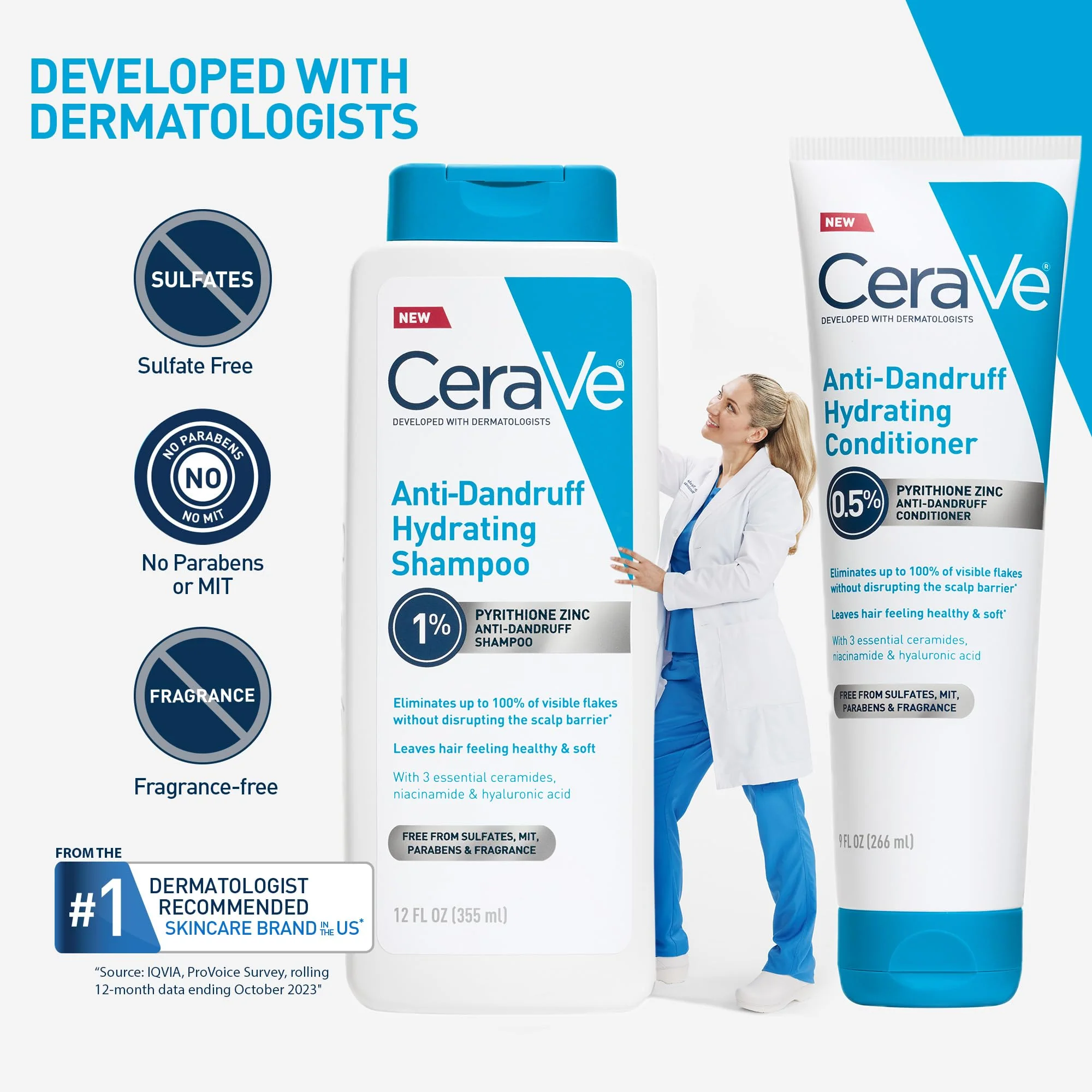CeraVe Hydrating Anti Dandruff Shampoo, 1% Pyrithione Zinc Dandruff Treatment With Ceramides, Niacinamide, Hyaluronic Acid, Eliminate Flake,Provides Itchy Scalp Relief, Sulfate-Free, 12 Oz (Pack of 2) - Image 8
