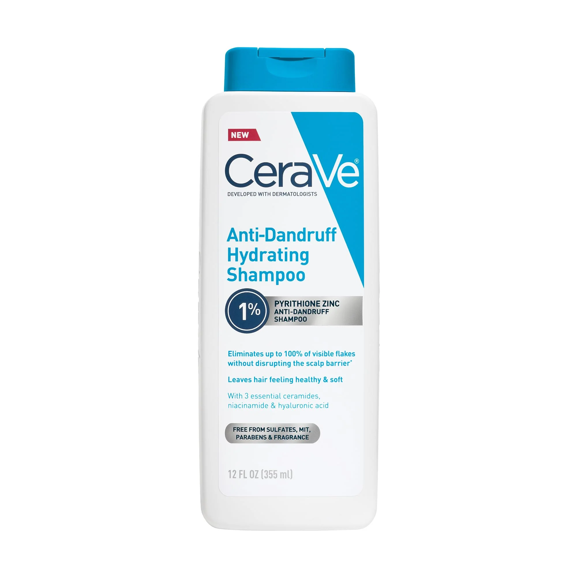 CeraVe Hydrating Anti Dandruff Shampoo, 1% Pyrithione Zinc Dandruff Treatment With Ceramides, Niacinamide & Hyaluronic Acid, Helps Eliminate Flakes & Provides Itchy Scalp Relief, Sulfate Free, 12 Oz