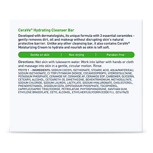CeraVe Hydrating Cleanser Bar, Soap-Free Body and Facial Cleanser with 5% Moisturizing Cream, Fragrance-Free, 2-Pack, 4.5 Ounce Each - Image 3