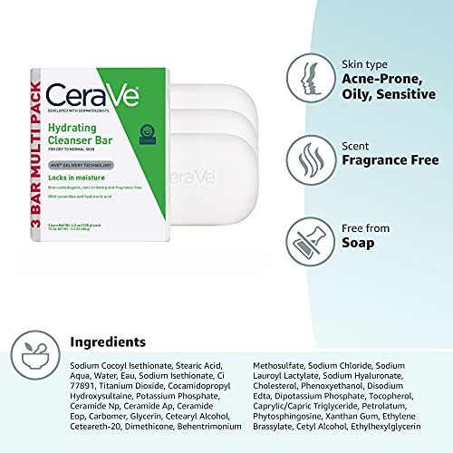 CeraVe Hydrating Cleanser Bar, Soap-Free Body and Facial Cleanser with 5% Moisturizing Cream, Fragrance-Free, 3-Pack, 4.5 Ounce Each - Image 2