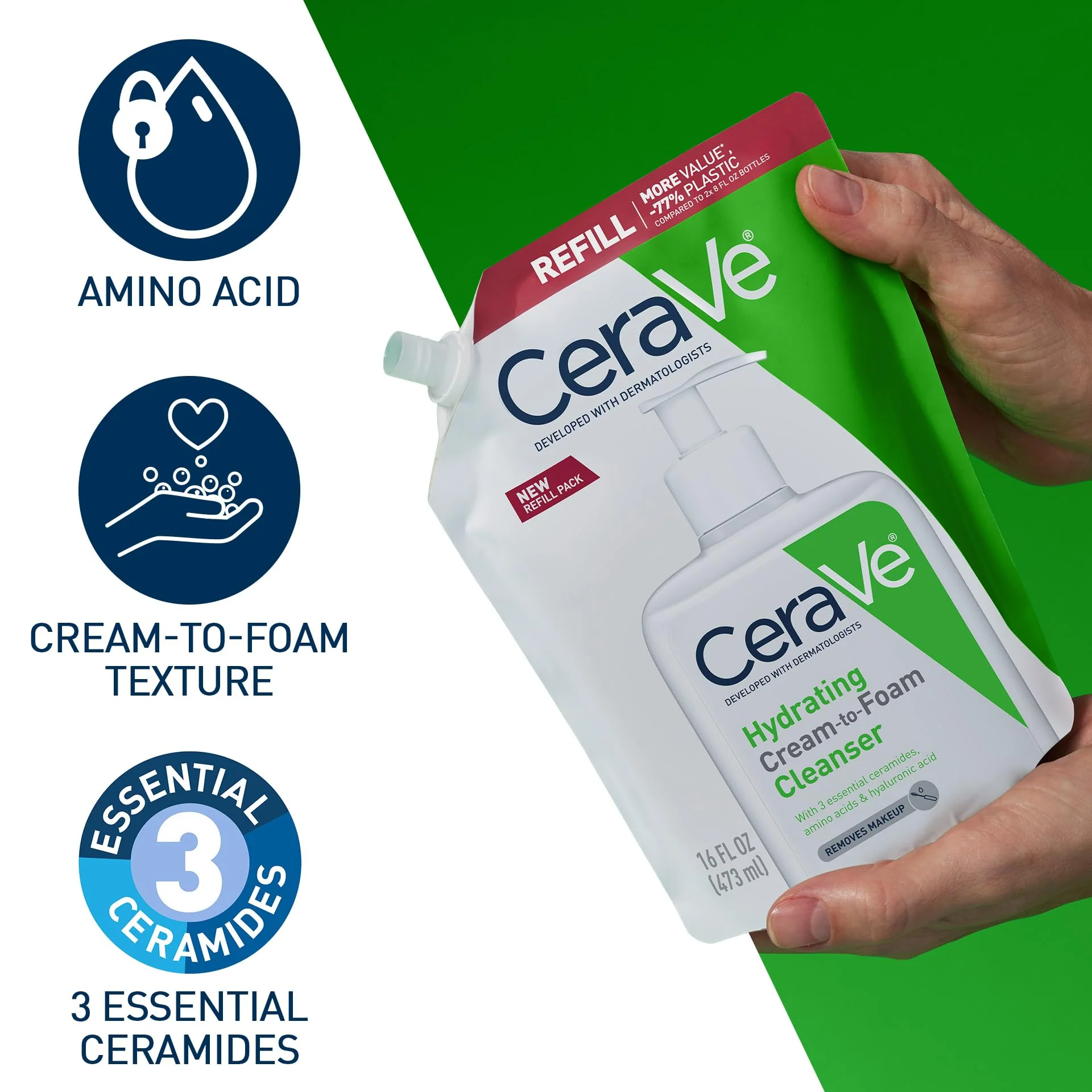 CeraVe Hydrating Cream To Foam Cleanser, Makeup Remover Face Wash For Dry Skin, Foaming Facial Cleanser With Hyaluronic Acid, Normal To Dry Skin, Fragrance Free & Non Comedogenic, 16 Ounce Refill - Image 4