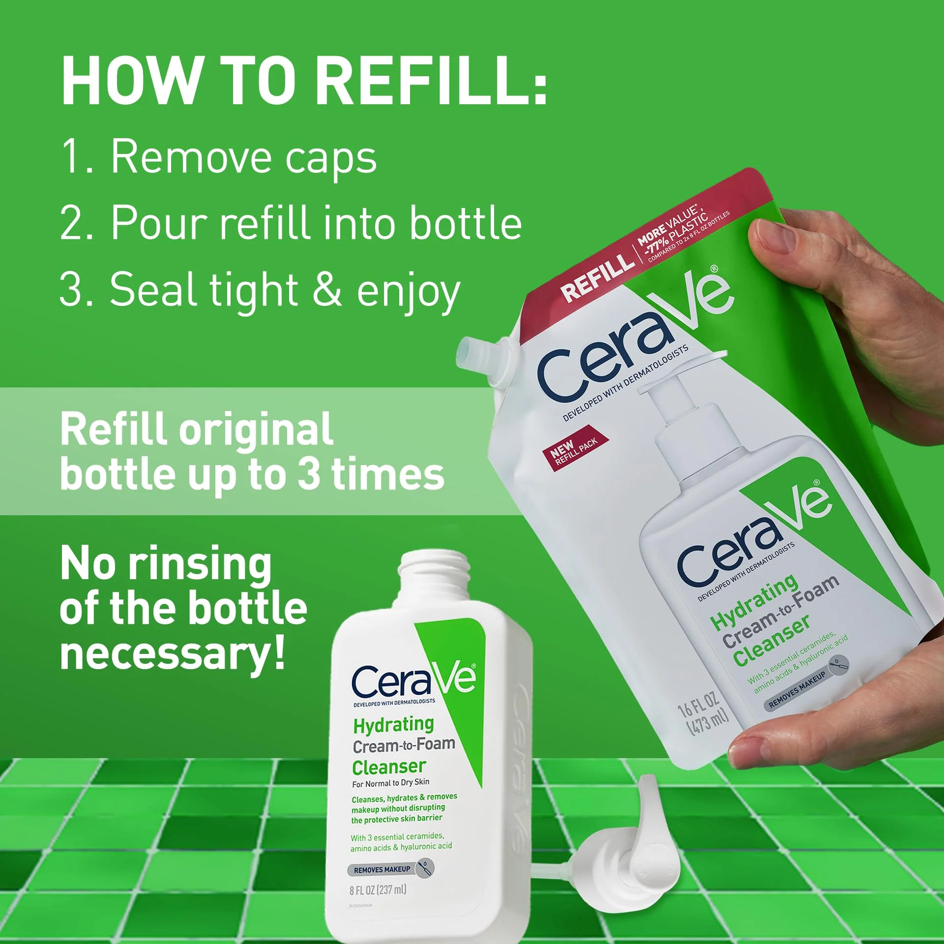 CeraVe Hydrating Cream To Foam Cleanser, Makeup Remover Face Wash For Dry Skin, Foaming Facial Cleanser With Hyaluronic Acid, Normal To Dry Skin, Fragrance Free & Non Comedogenic, 16 Ounce Refill - Image 7