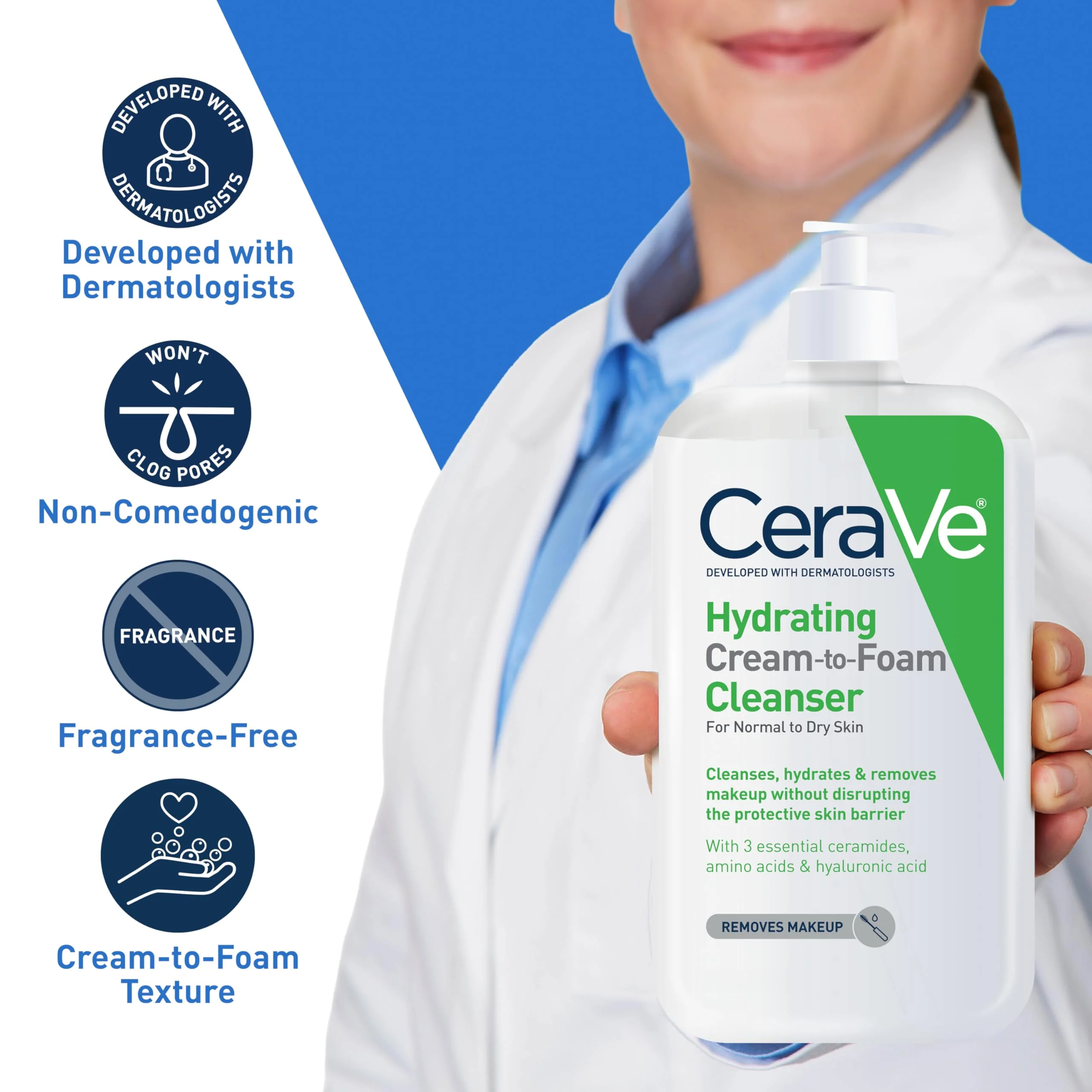 CeraVe Hydrating Cream To Foam Cleanser, Makeup Remover Face Wash For Dry Skin, Foaming Facial Cleanser With Hyaluronic Acid, Normal To Dry Skin, Fragrance Free & Non Comedogenic, 19 Fluid Ounce - Image 10