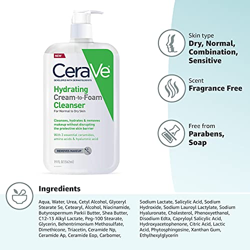 CeraVe Hydrating Cream To Foam Cleanser, Makeup Remover Face Wash For Dry Skin, Foaming Facial Cleanser With Hyaluronic Acid, Normal To Dry Skin, Fragrance Free & Non Comedogenic, 19 Fluid Ounce - Image 2