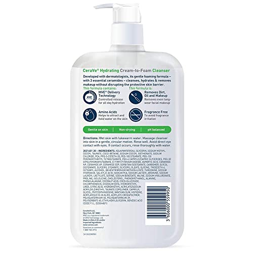 CeraVe Hydrating Cream To Foam Cleanser, Makeup Remover Face Wash For Dry Skin, Foaming Facial Cleanser With Hyaluronic Acid, Normal To Dry Skin, Fragrance Free & Non Comedogenic, 19 Fluid Ounce - Image 3