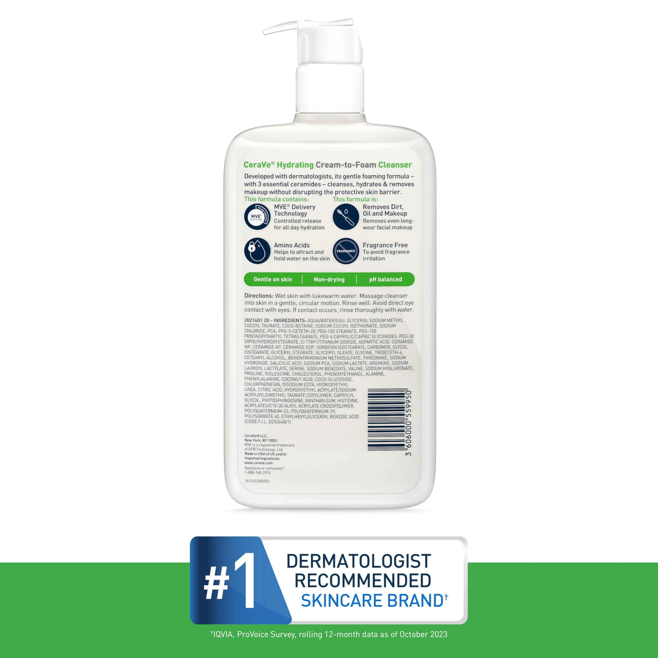 CeraVe Hydrating Cream To Foam Cleanser, Makeup Remover Face Wash For Dry Skin, Foaming Facial Cleanser With Hyaluronic Acid, Normal To Dry Skin, Fragrance Free & Non Comedogenic, 8 Fluid Ounces - Image 4