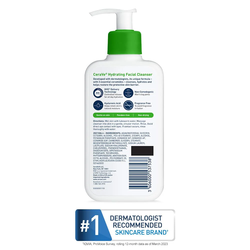 CeraVe Hydrating Facial Cleanser, Moisturizing Face Wash For Dry Skin, Hyaluronic Acid + Ceramides + Glycerin, Hydrating Cleanser For Normal To Dry Skin, National Eczema Association Certified - Image 3