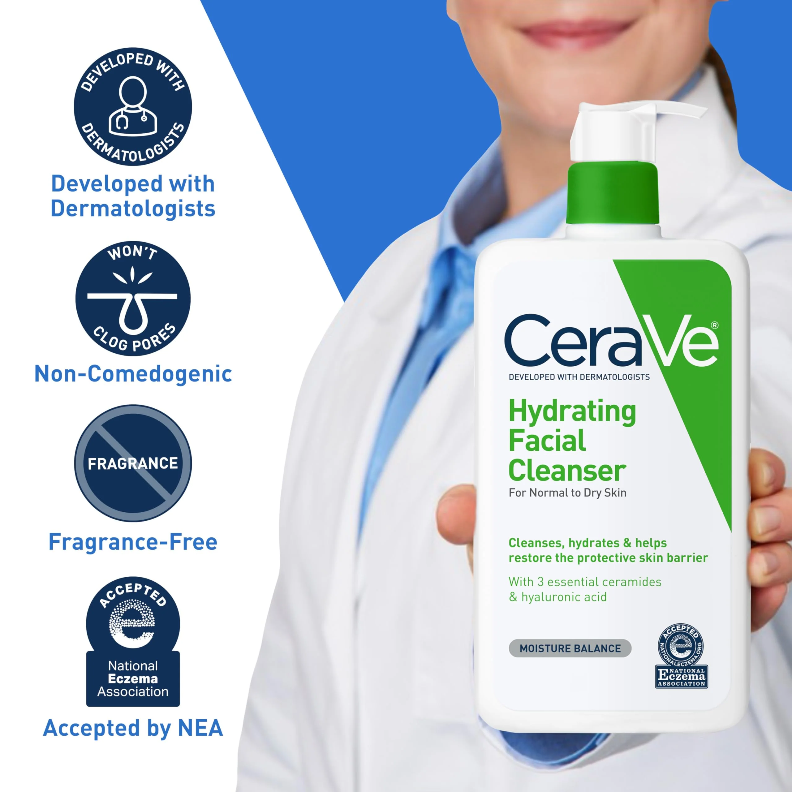 CeraVe Hydrating Facial Cleanser, Moisturizing Face Wash For Dry Skin, Hyaluronic Acid + Ceramides + Glycerin, Hydrating Cleanser For Normal To Dry Skin, National Eczema Association Certified - Image 6