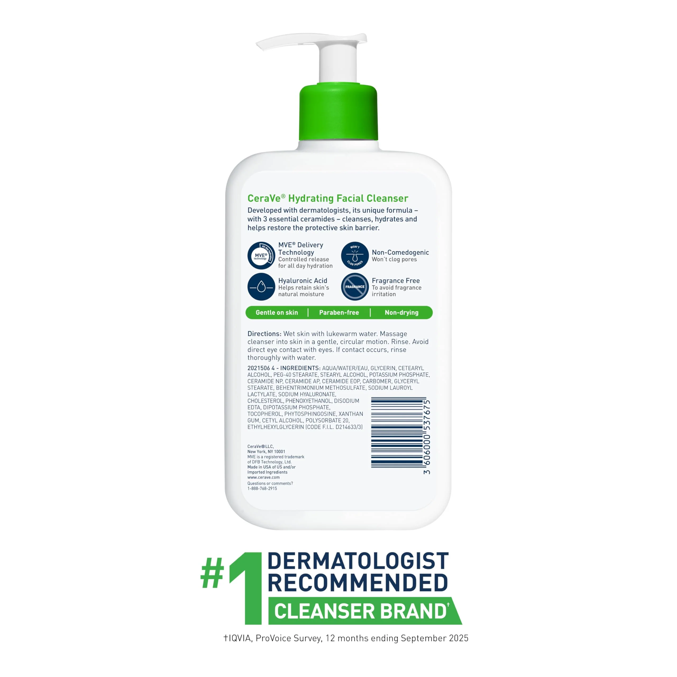 CeraVe Hydrating Facial Cleanser, Moisturizing Face Wash For Dry Skin, Hyaluronic Acid + Ceramides + Glycerin, Hydrating Cleanser For Normal To Dry Skin, National Eczema Association Certified - Image 3