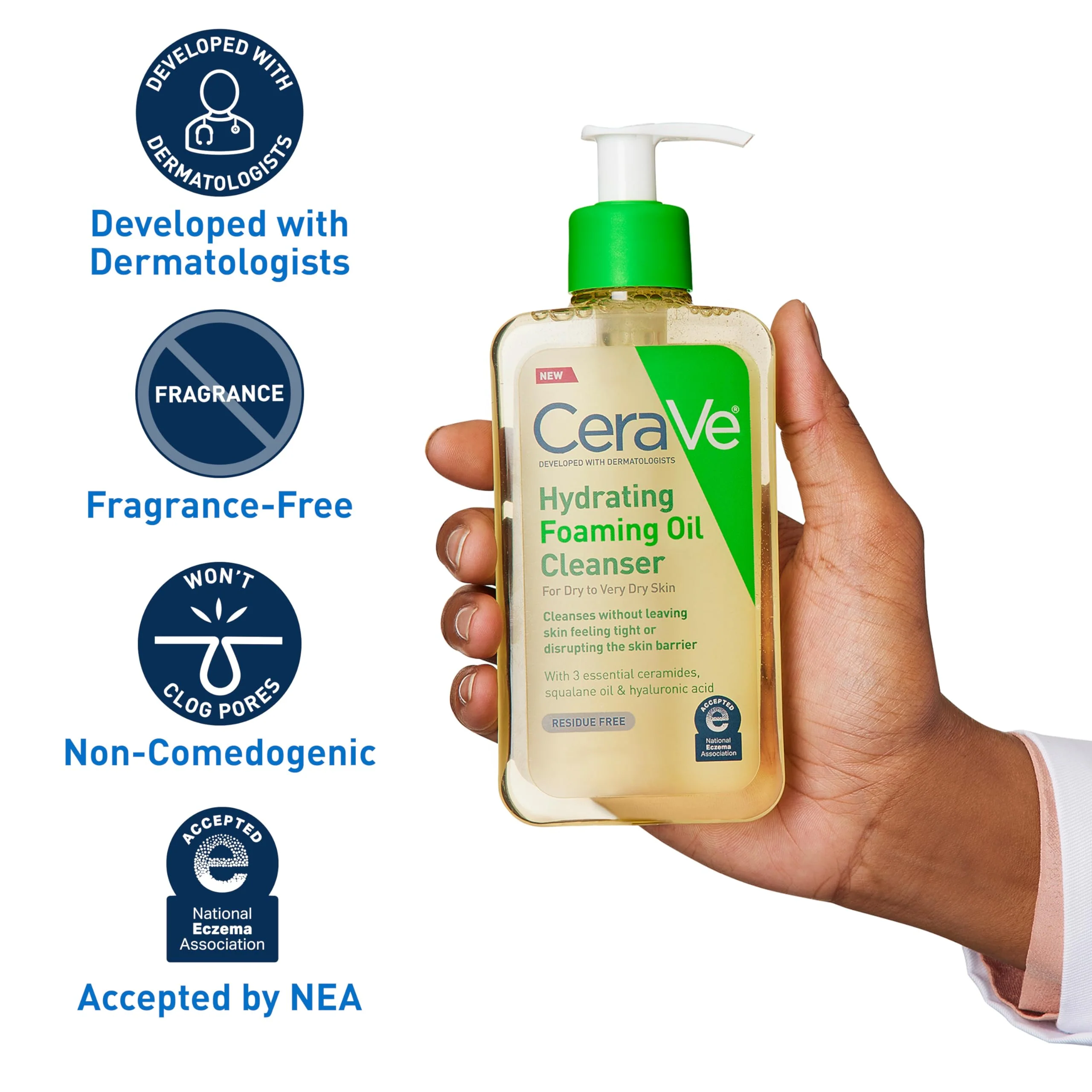 CeraVe Hydrating Foaming Oil Cleanser, Moisturizing Oil Cleanser for Face & Body, Squalane Oil + Hyaluronic Acid + Ceramides, For Dry to Very Dry Skin, Fragrance Free & Residue Free, 19 FL Oz - Image 7