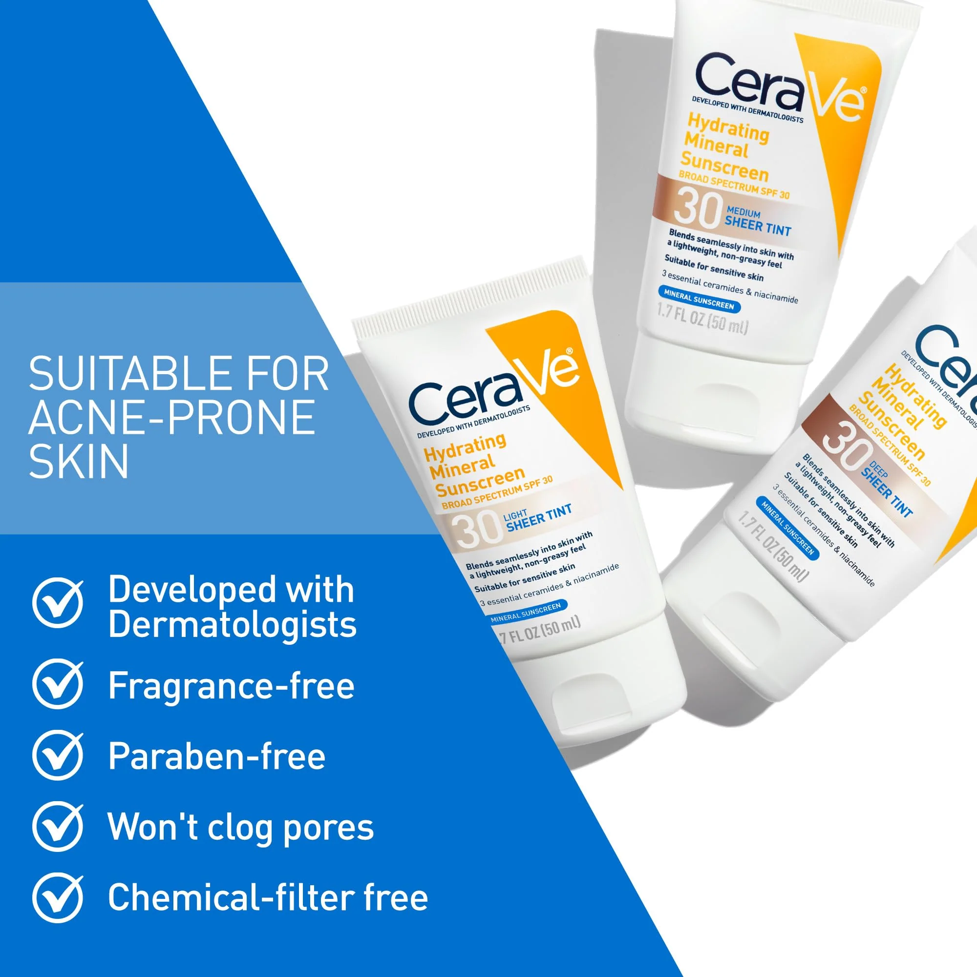 CeraVe Hydrating Mineral Sunscreen SPF 30 with Sheer Tint, Tinted Mineral Sunscreen with Zinc Oxide & Titanium Dioxide, Blends Seamlessly For Healthy Glow, Light, 1.7 Oz - Image 6
