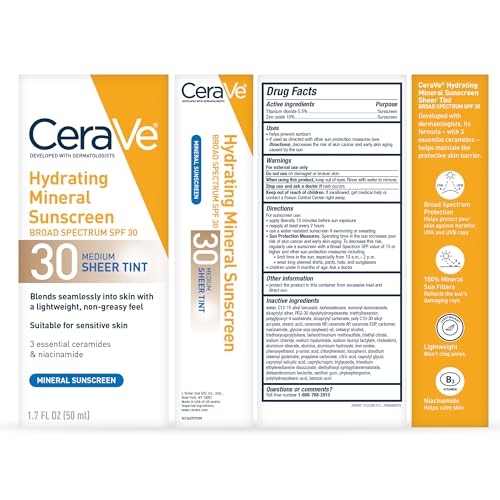 CeraVe Hydrating Mineral Sunscreen SPF 30 with Sheer Tint, Tinted Mineral Sunscreen with Zinc Oxide & Titanium Dioxide, Blends Seamlessly For Healthy Glow, Medium, 1.7 Fluid Ounce - Image 3