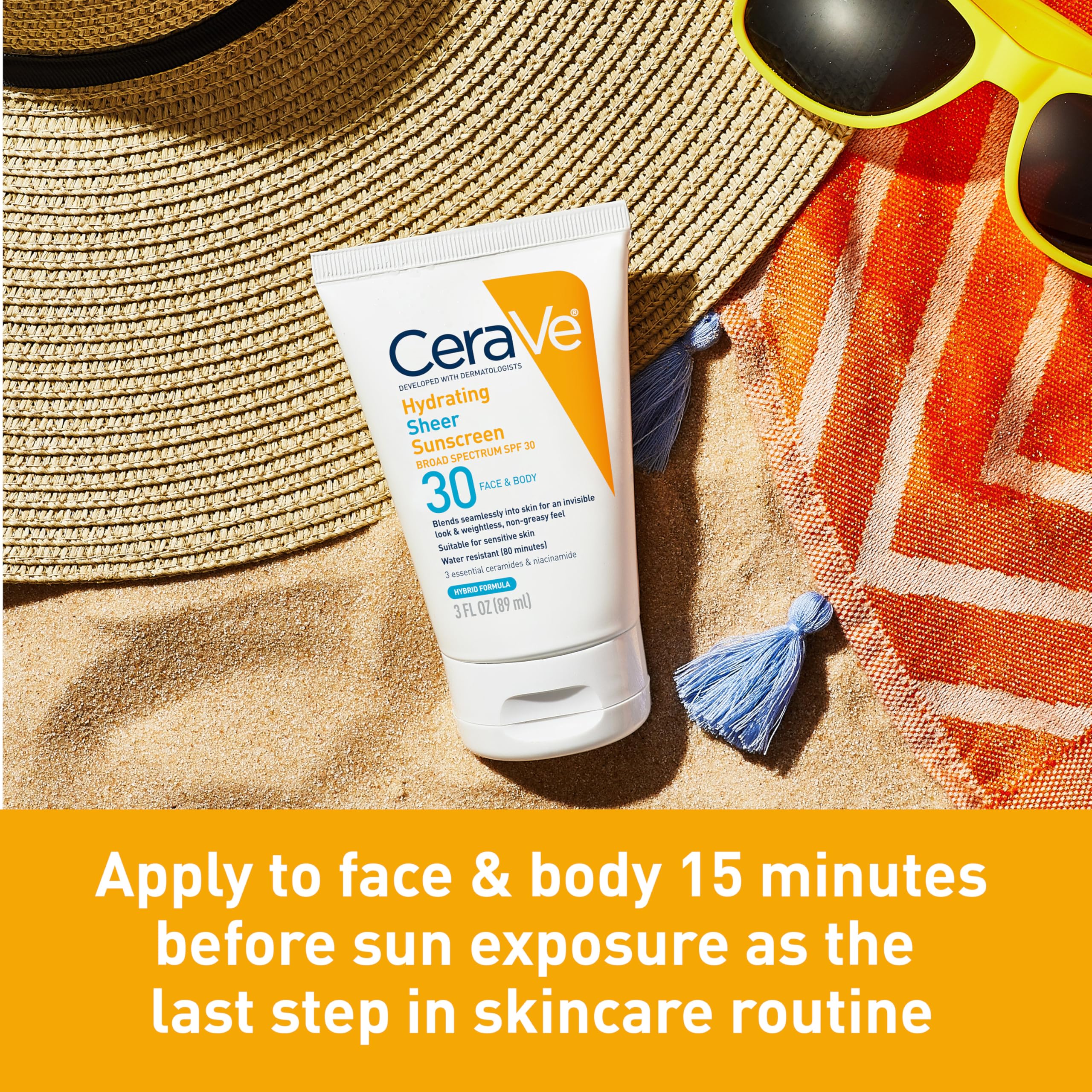 CeraVe Hydrating Sheer Sunscreen with SPF 30 for Face and Body, Mineral & Chemical Sunscreen for Men & Women with Zinc Oxide, Hyaluronic Acid and Ceramides, Paraben-Free + Fragrance-Free, 3 Ounces - Image 6
