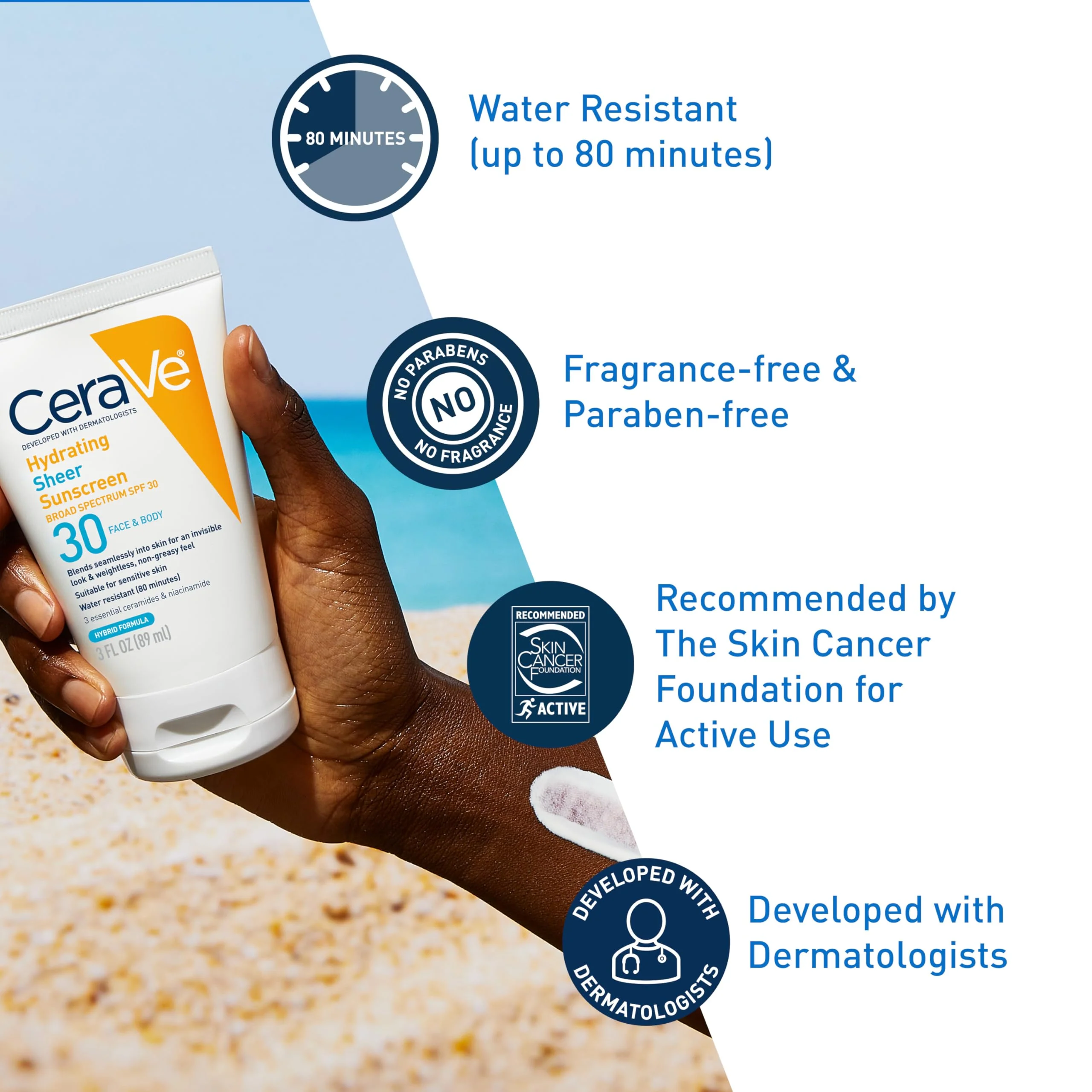 CeraVe Hydrating Sheer Sunscreen with SPF 30 for Face and Body, Mineral & Chemical Sunscreen for Men & Women with Zinc Oxide, Hyaluronic Acid and Ceramides, Paraben-Free + Fragrance-Free, 3 Ounces - Image 8