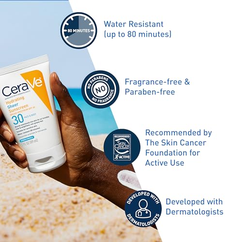 CeraVe Hydrating Sheer Sunscreen with SPF 30 for Face and Body, Mineral & Chemical Sunscreen for Men & Women with Zinc Oxide, Hyaluronic Acid and Ceramides, Paraben-Free + Fragrance-Free, 5 Ounces - Image 6