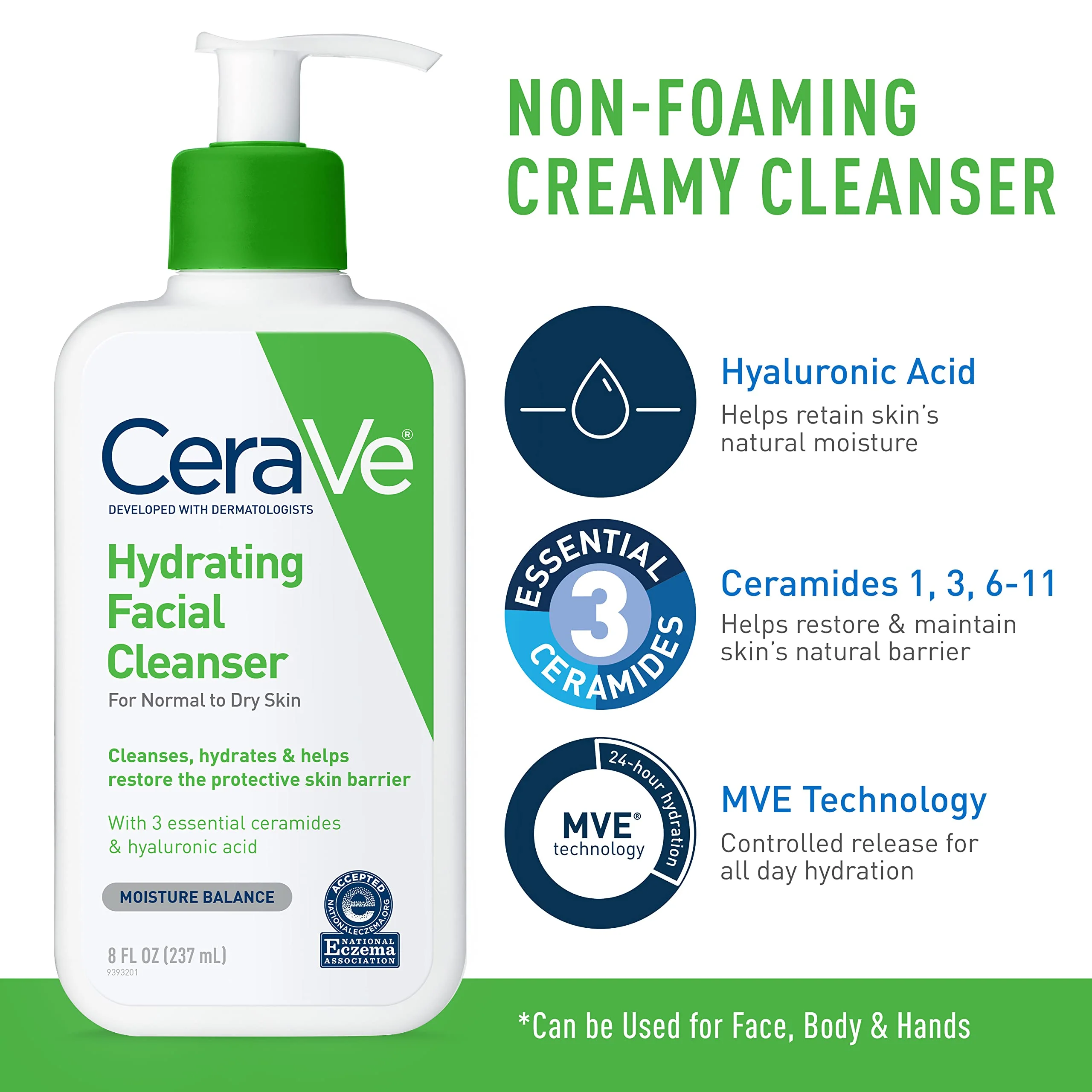 CeraVe Hydrating Skin Care Set, 8oz Moisturizing Cream & 8oz Hydrating Facial Cleanser, Ceramides + Hyaluronic Acid Moisturizer and Face Wash, Accepted by National Eczema Association - Image 6