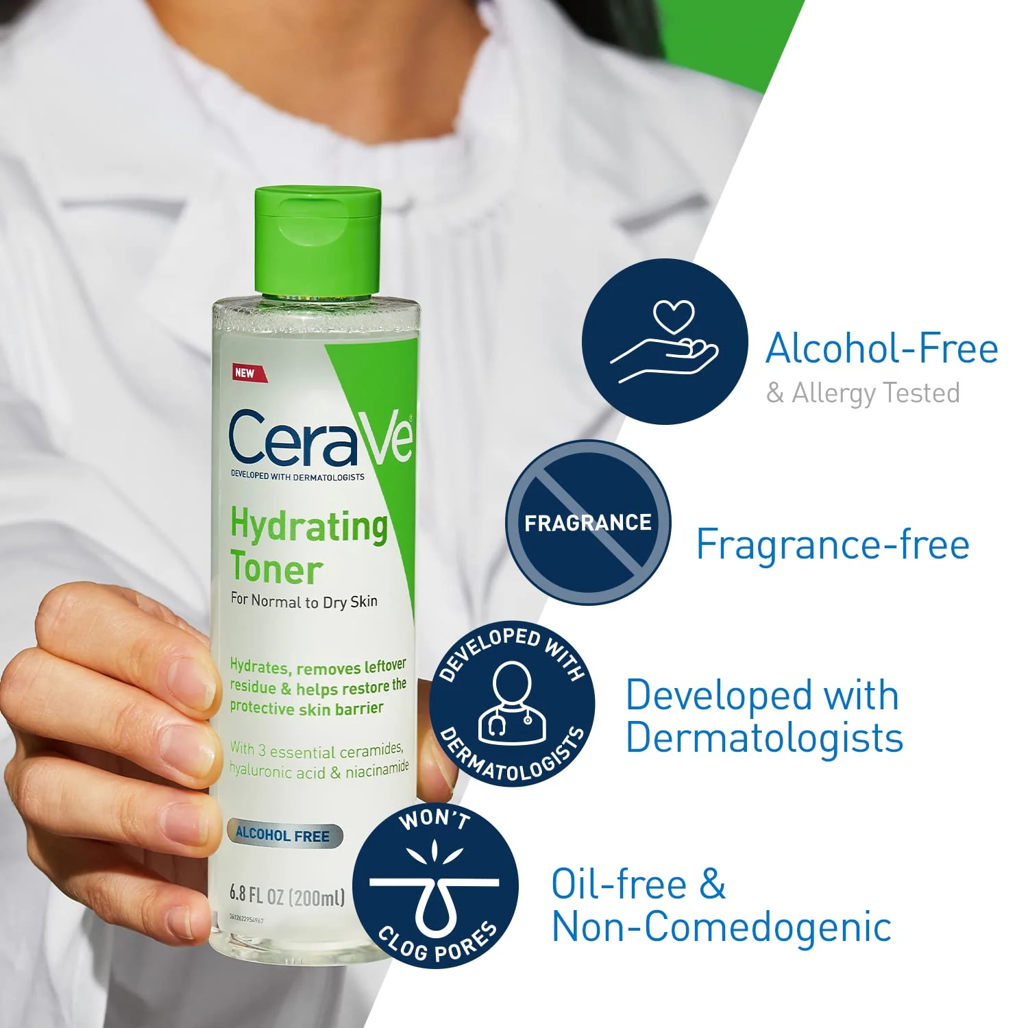 CeraVe Hydrating Toner for Face Non-Alcoholic with Hyaluronic Acid, Niacinamide, and Ceramides for Sensitive Dry Skin, Fragrance-Free Non Comedogenic, Full Size, 6.8 Fl Oz - Image 4