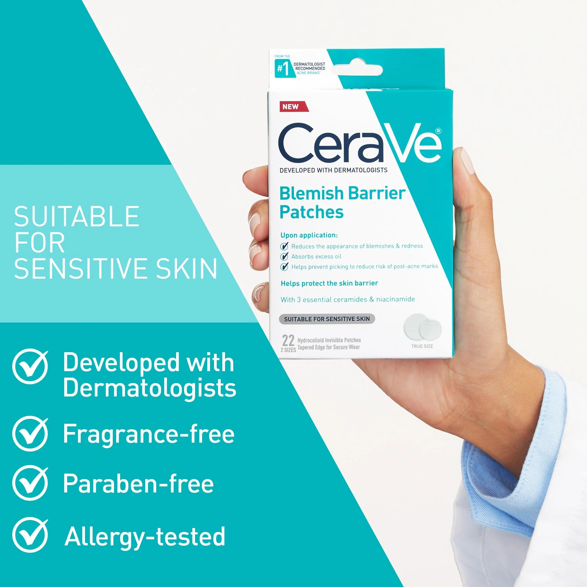 CeraVe Hydrocolloid Blemish Patches, Oil Absorbing Spot Control with Ceramides and Niacinamide, Allergy-Tested & Suitable For Sensitive Skin, Ultra-Thin & Blends Into All Skin Tones, 22ct - Image 4