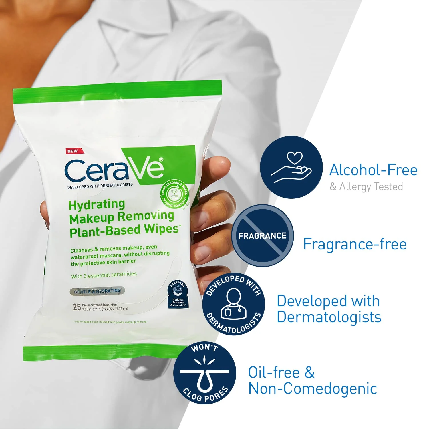 CeraVe Makeup Remover Wipes, Plant Based Face Wipes, Biodegradable in Compost, Waterless Face Wash, Travel Essentials for Women, Suitable for Sensitive Skin, Fragrance-free + Non-comedogenic, 25ct - Image 4
