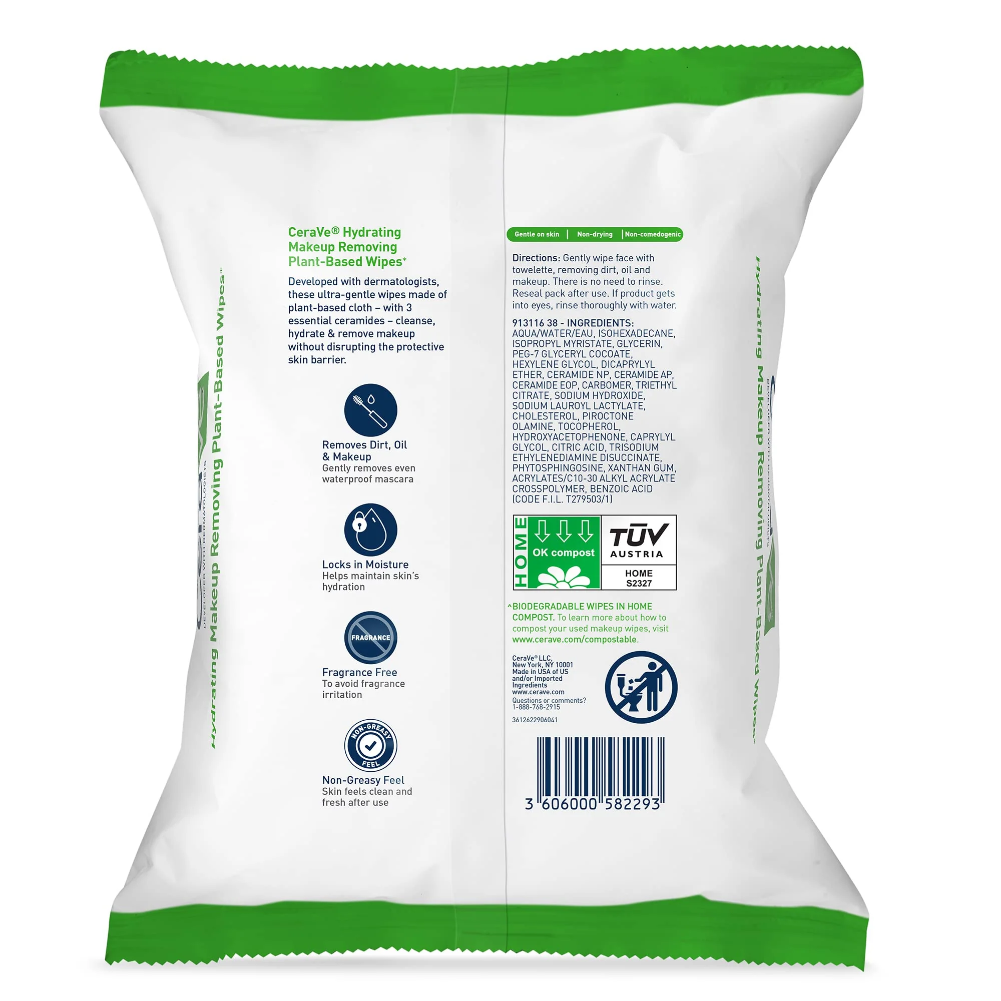 CeraVe Makeup Remover Wipes, Plant Based Face Wipes, Biodegradable in Compost, Waterless Face Wash, Travel Essentials for Women, Suitable for Sensitive Skin, Fragrance-free + Non-comedogenic, 25ct - Image 7