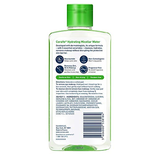 CeraVe Micellar Water, Hydrating Facial Cleanser & Eye Makeup Remover with Niacinamide, Ceramides & Glycerin, Fragrance-Free & Non-Irritating, 10 Fluid Ounces - Image 3