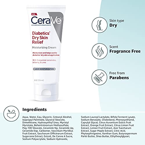 CeraVe Moisturizing Cream for Diabetics’ Dry Skin, Urea Cream with Bilberry for Face and Body, Fragrance Free & Paraben Free, 8 Ounce - Image 2