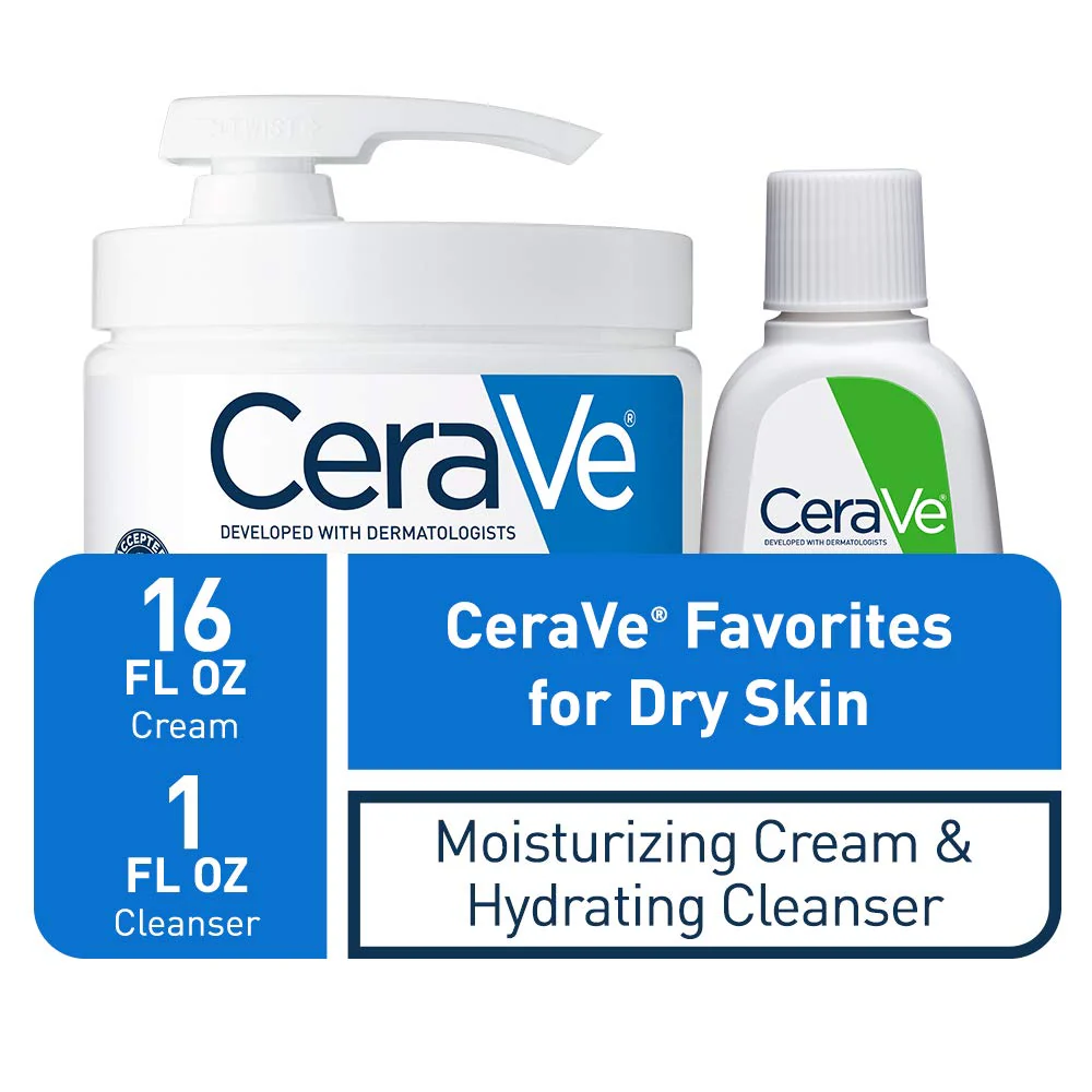 CeraVe Moisturizing Cream & Hydrating Facial Cleanser Skin Care Set, Combo Pack For Dry Skin Relief, Travel Essentials, 1oz Cleanser + 16oz Cream With Pump - Image 5