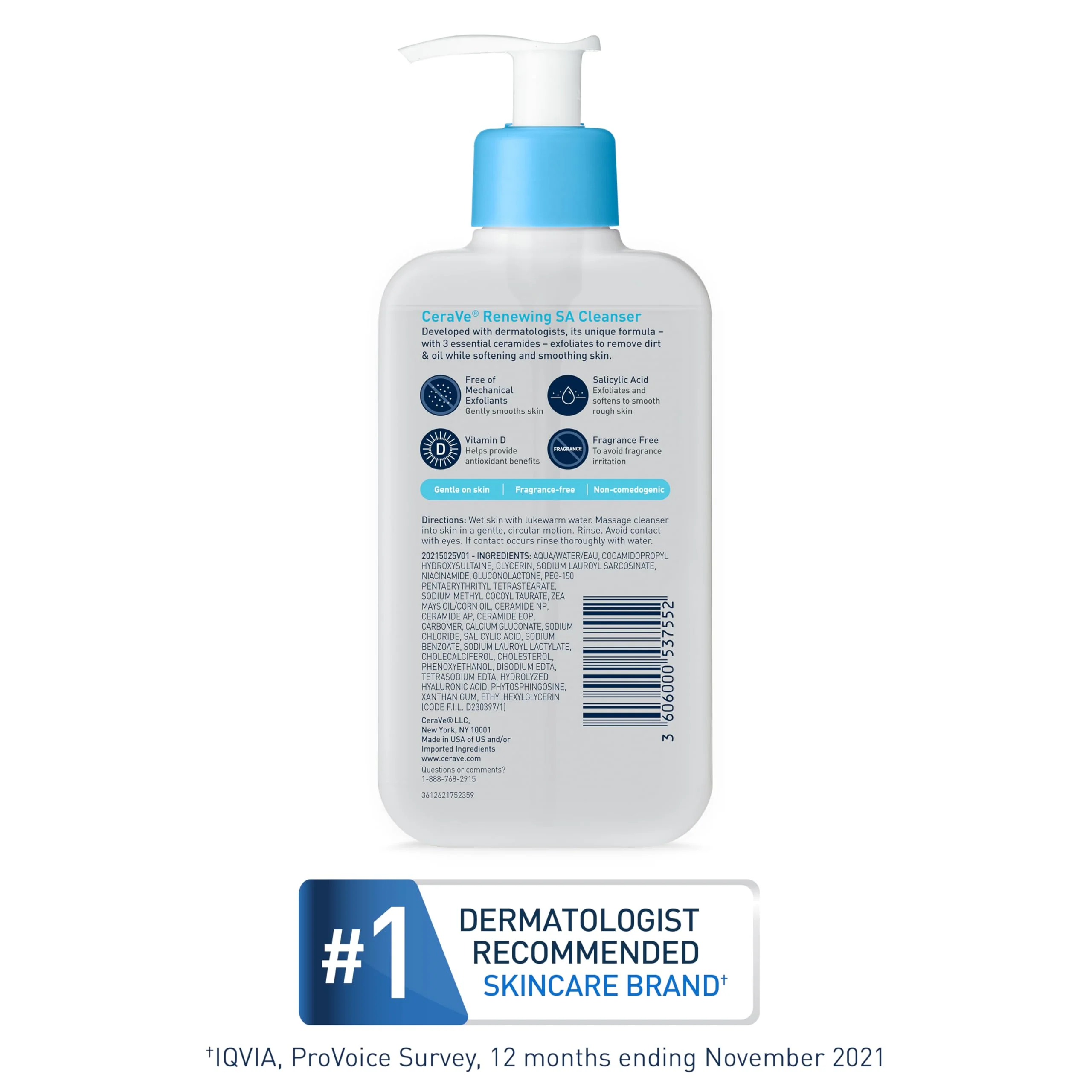 CeraVe Renewing Salicylic Acid Cleanser, Formulated With Hyaluronic Acid, Niacinamide, & Ceramides, Gentle BHA Exfoliating Face Wash Smooths & Softens Skin, Non Comedogenic & Fragrance Free, 16 Ounce - Image 5